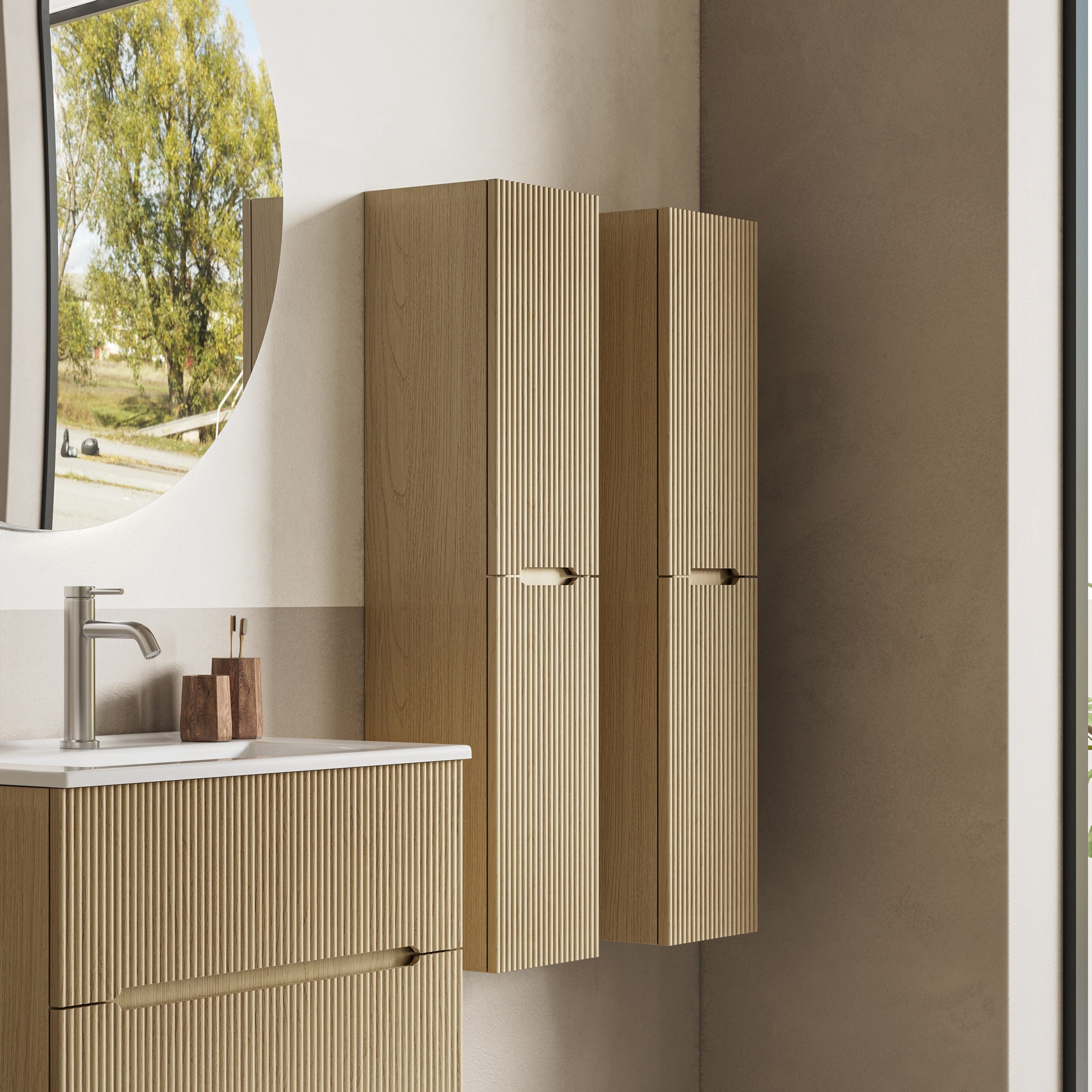 BRIDGE BENO Wandhängeschrank Hoher Badezimmerschrank, 2 Türen Mit Verstellbaren Einlegeböden, 1-tlg., 30 X 110 X 21 cm – Links/rechts Montierbar