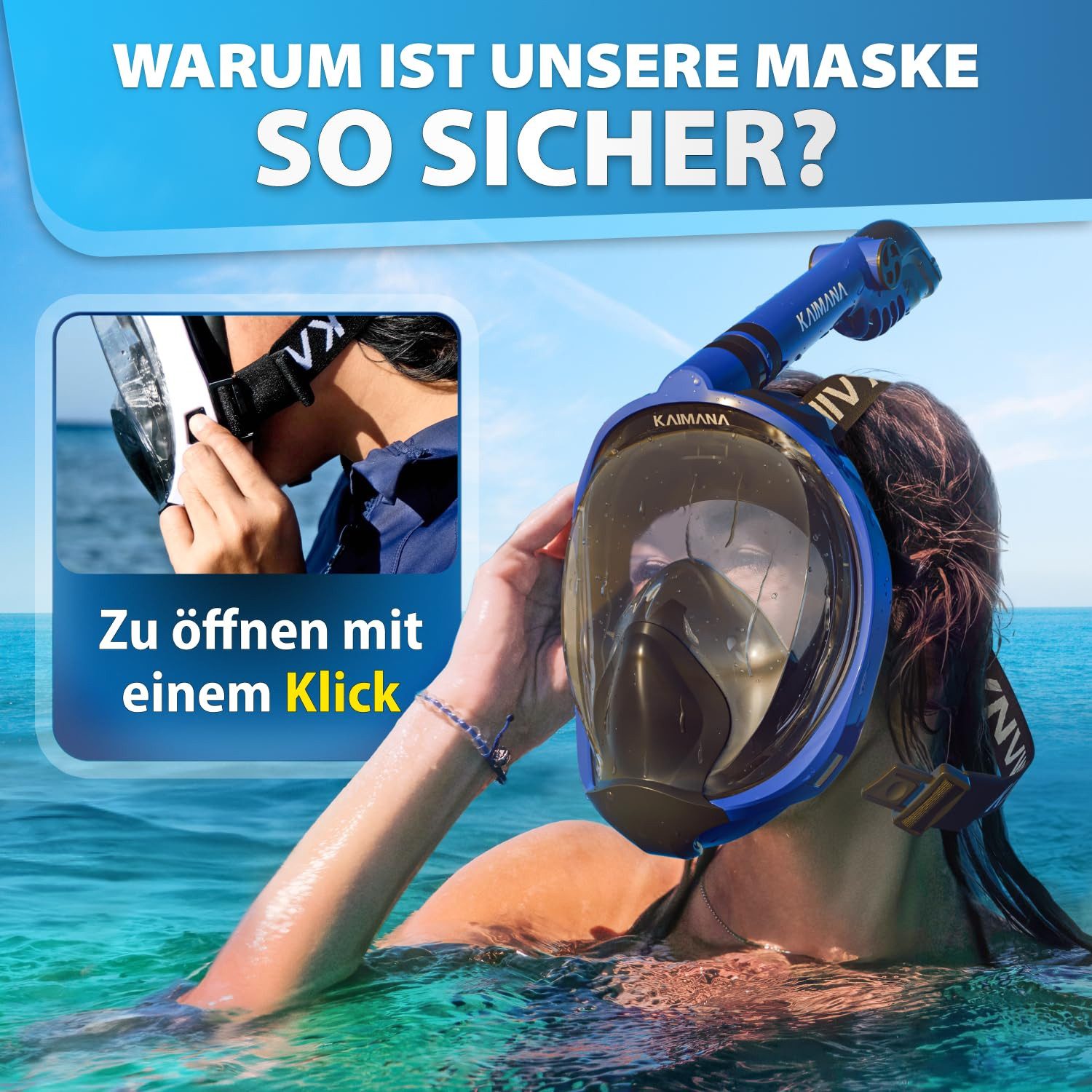 KAIMANA Tauchermaske NEUHEIT- Schnorchelmaske für Erwachsene inkl. Tragetasche, (Vollgesichtsmaske Tauchmaske), geprüfte CO₂ Sicherheit - Tauchermaske Erwachsene