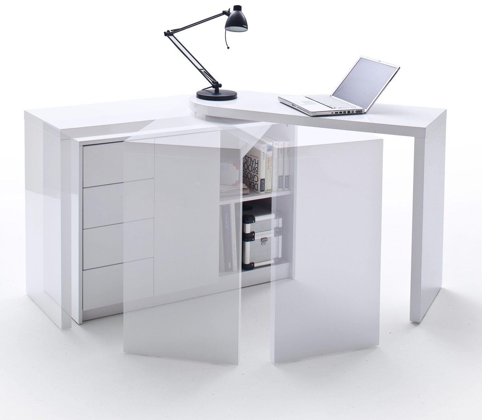 mit MCA (Laptoptisch Matt drehbar, furniture Schreibtisch Lackiert Hochglanz), 360° schwenkbarer weiß Tischplatte und Stauraum,