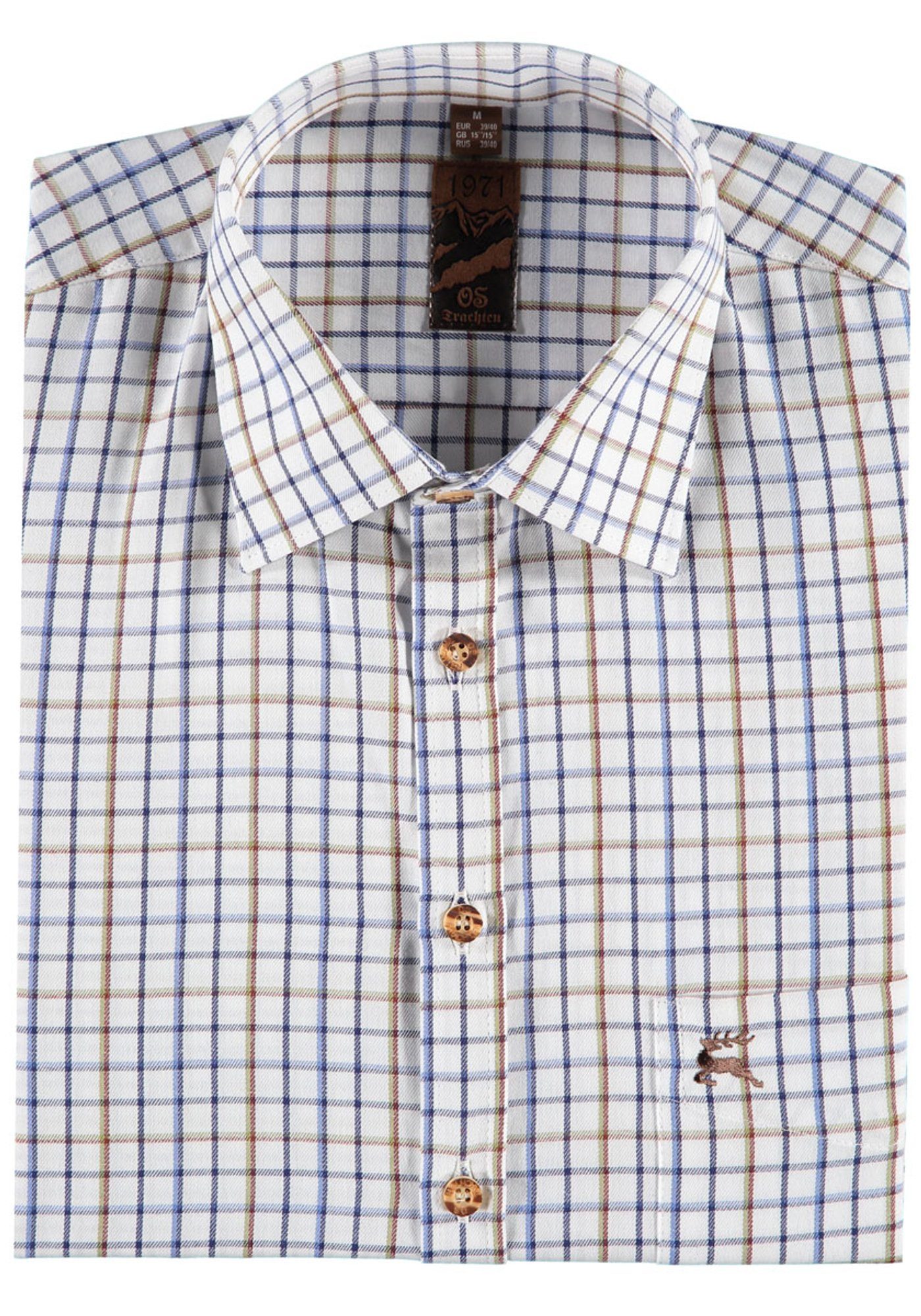 OS-Trachten Trachtenhemd Smavel Langarmhemd mit marine der auf Hirsch-Stickerei Brusttasche