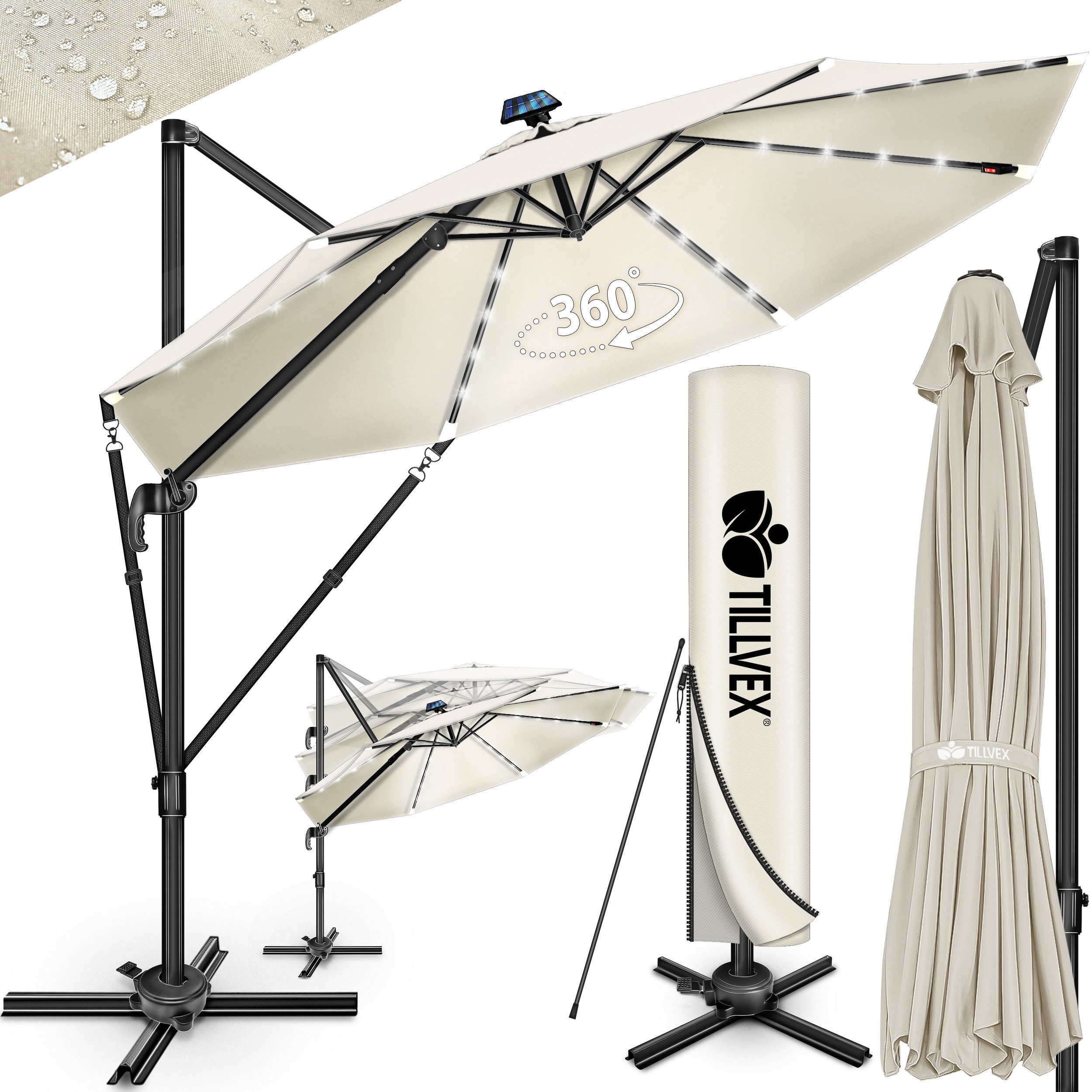 tillvex Sonnenschirm tillvex® LED Premium Alu Sonnenschirm 330 cm + Abdeckung & Windsicheru, Premium-Series, inkl. Regenabdeckung, Ampelschirm 6-fach Verstellbar mit Kurbel