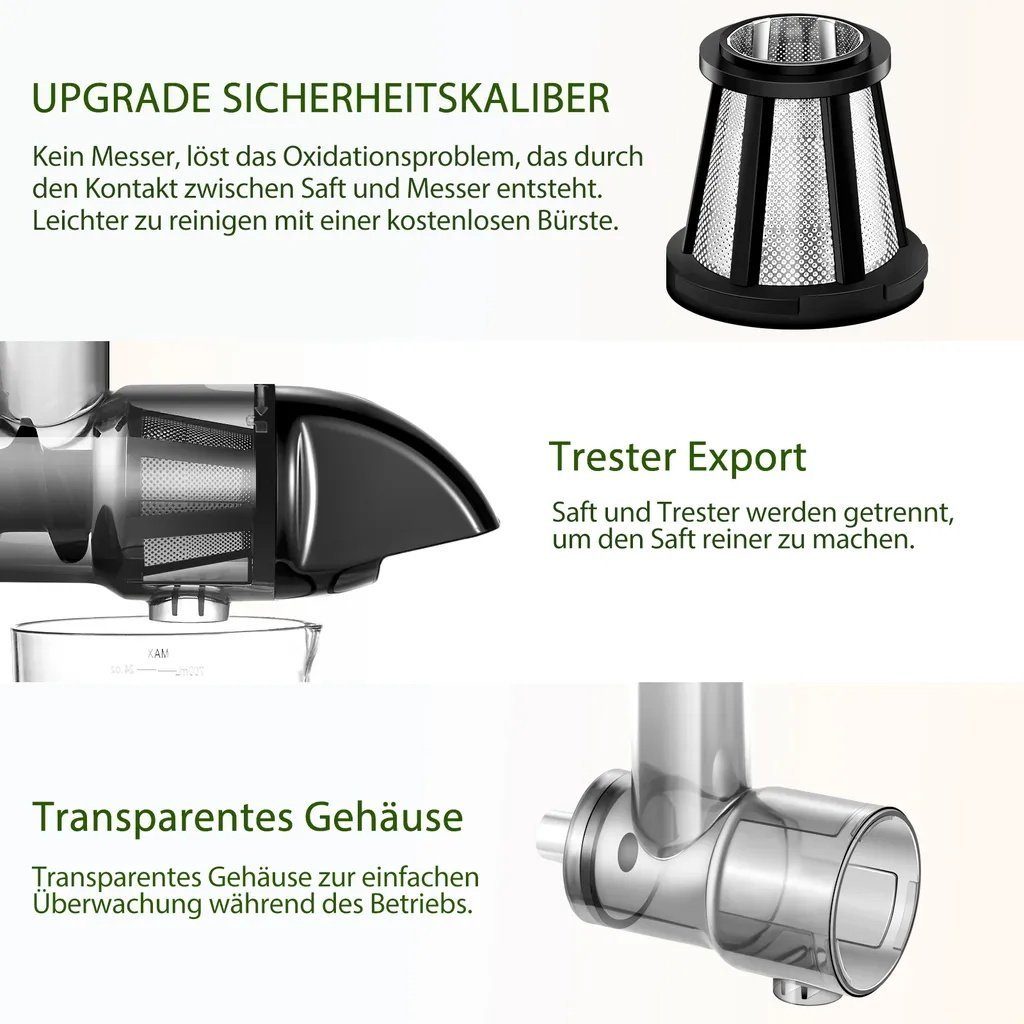 AMZCHEF Slow Juicer ZM1501, 150,00 W, Saftpresse Elektrisch, Entsafter Gemüse und Obst BPA Frei