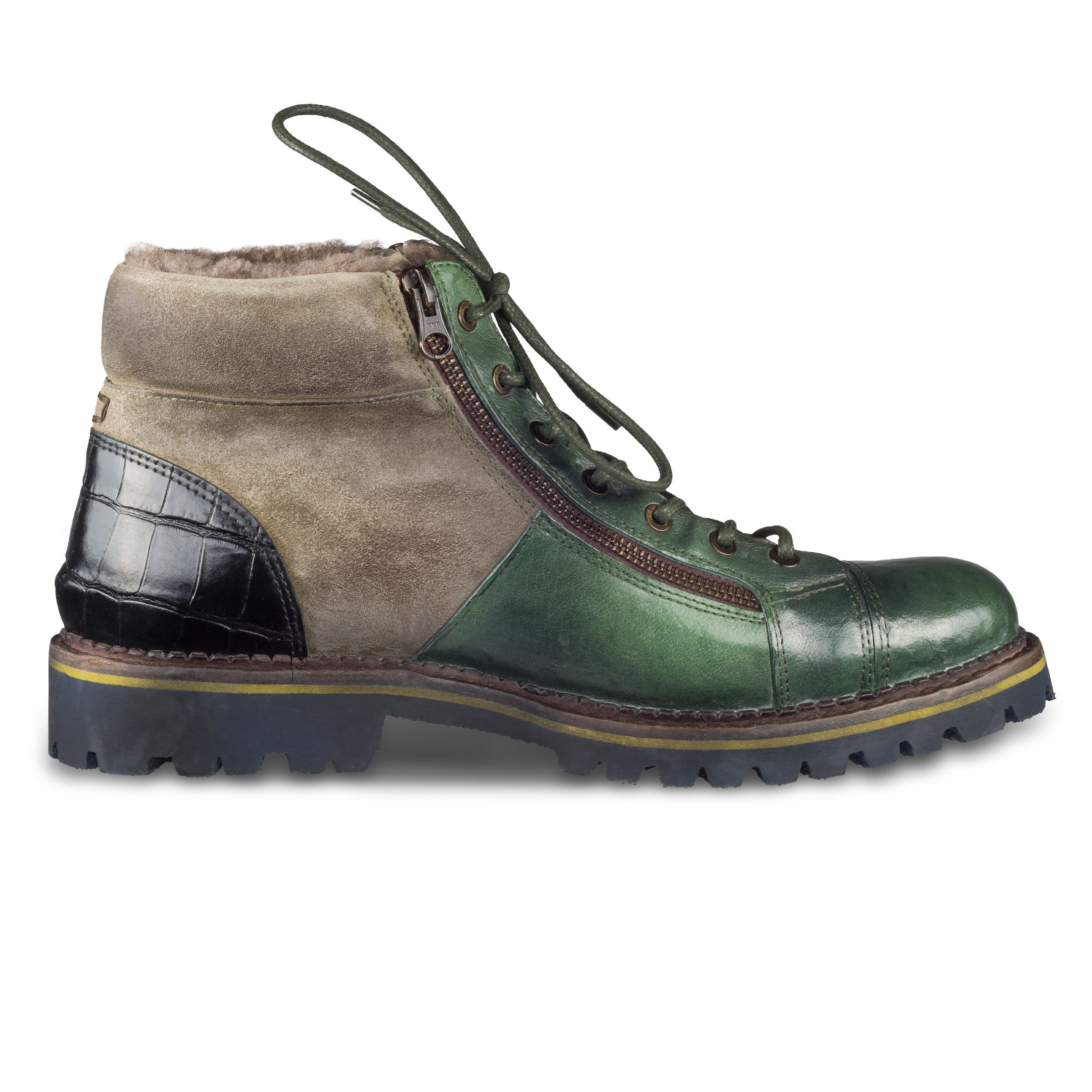 Lorenzi Lorenzi Schnürstiefel Herren grün - Leder stonewashed, Lammfell Stiefel Handgefertigt in Italien