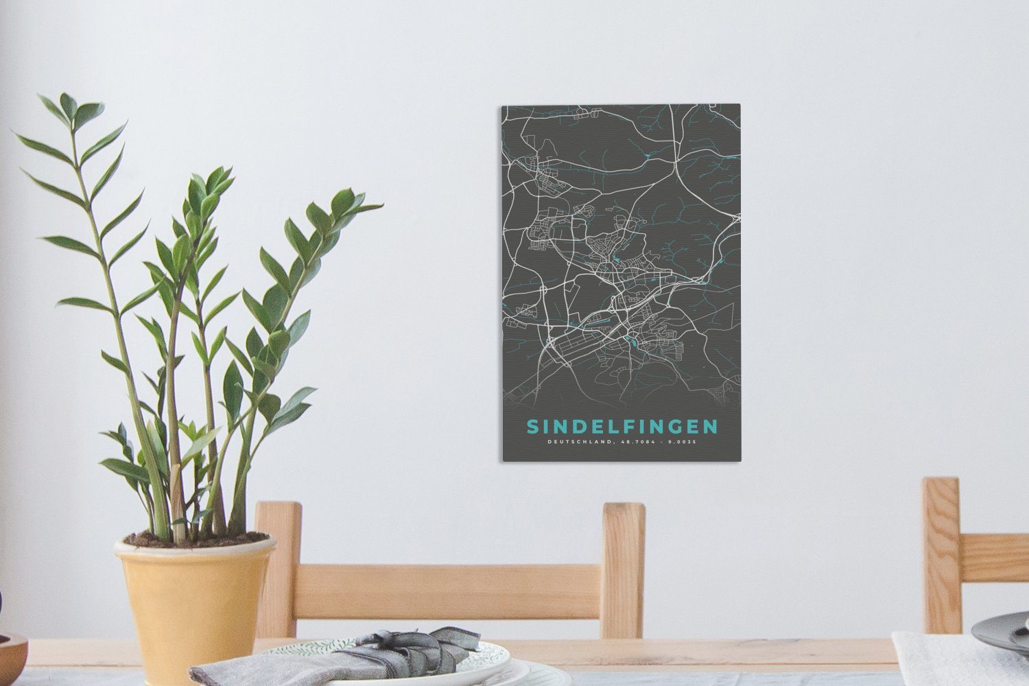 Leinwandbild Stadtplan Gemälde, (1 bespannt cm Sindelfingen Deutschland inkl. - St), OneMillionCanvasses® Blau fertig - 20x30 Leinwandbild Karte, Zackenaufhänger, - -