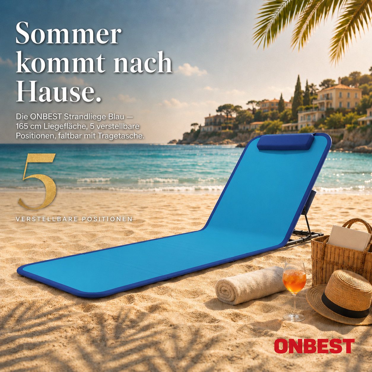 Onbest Campingliege Strandliege klappbar mit Nackenkissen Tragetasche, Stahlgestell, verstellbare Rückenlehne