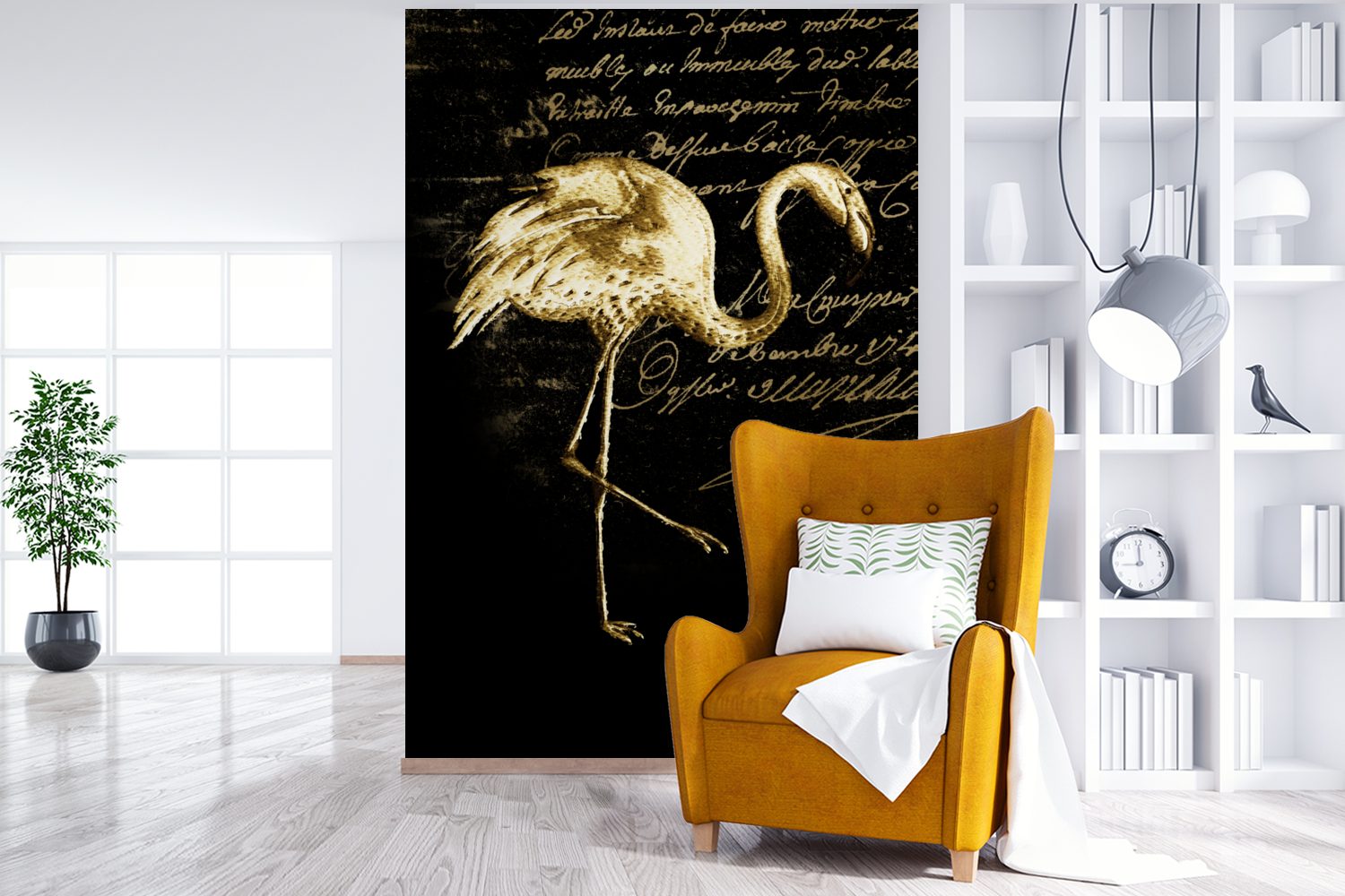 Wohnzimmer, für Flamingo Vinyl Illustration - Wandtapete (3 Matt, Fototapete St), bedruckt, Tapete Montagefertig MuchoWow Gold, -