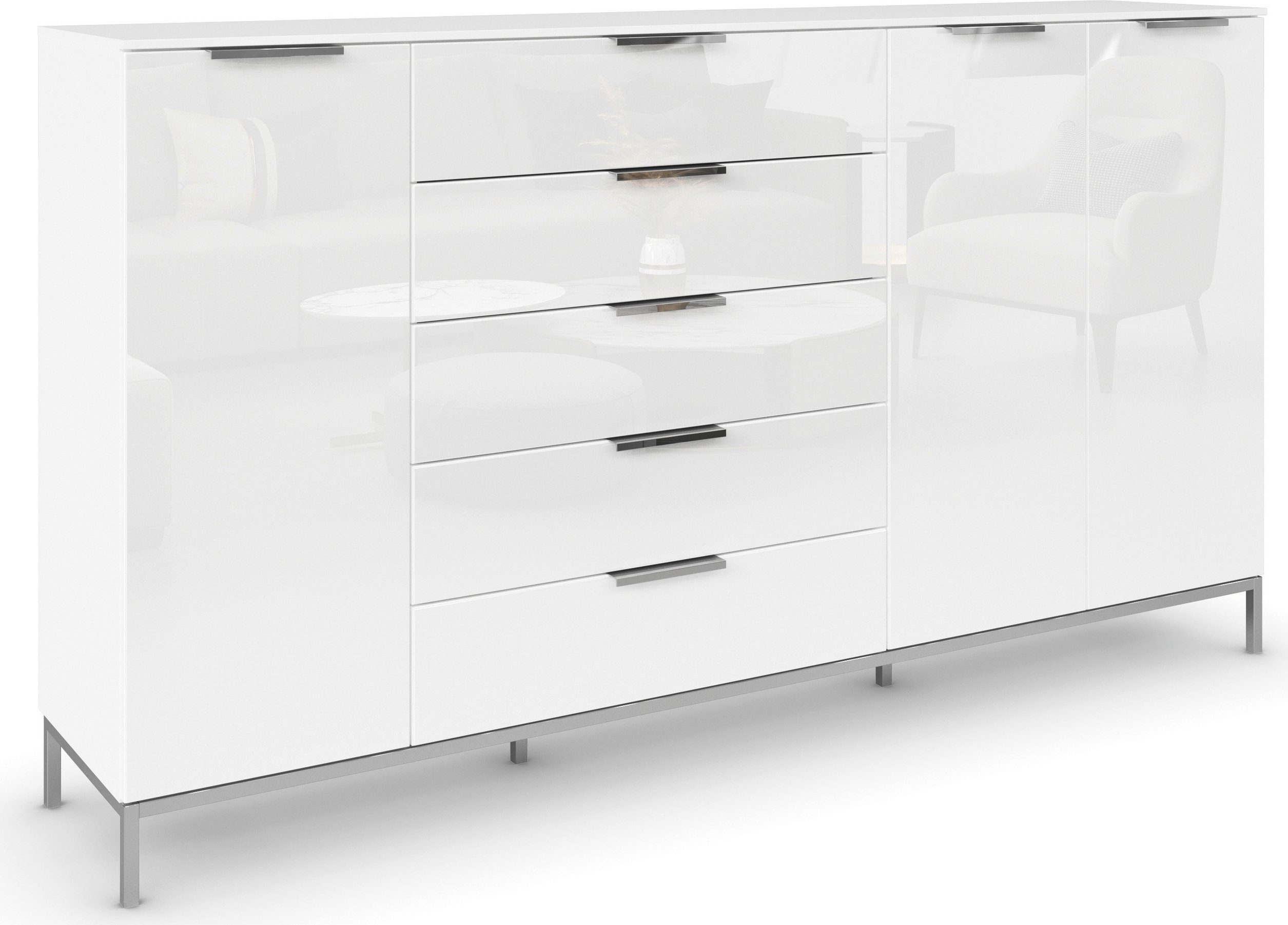 rauch Kombikommode Kommode Türkommode Sideboard Kombikommode FLIPP mit Glasfront (Breite 200 cm mit 4 Einlegeböden), 3-türig mit 5 Schubladen und Soft-Close-Funktion sowie Glasfront