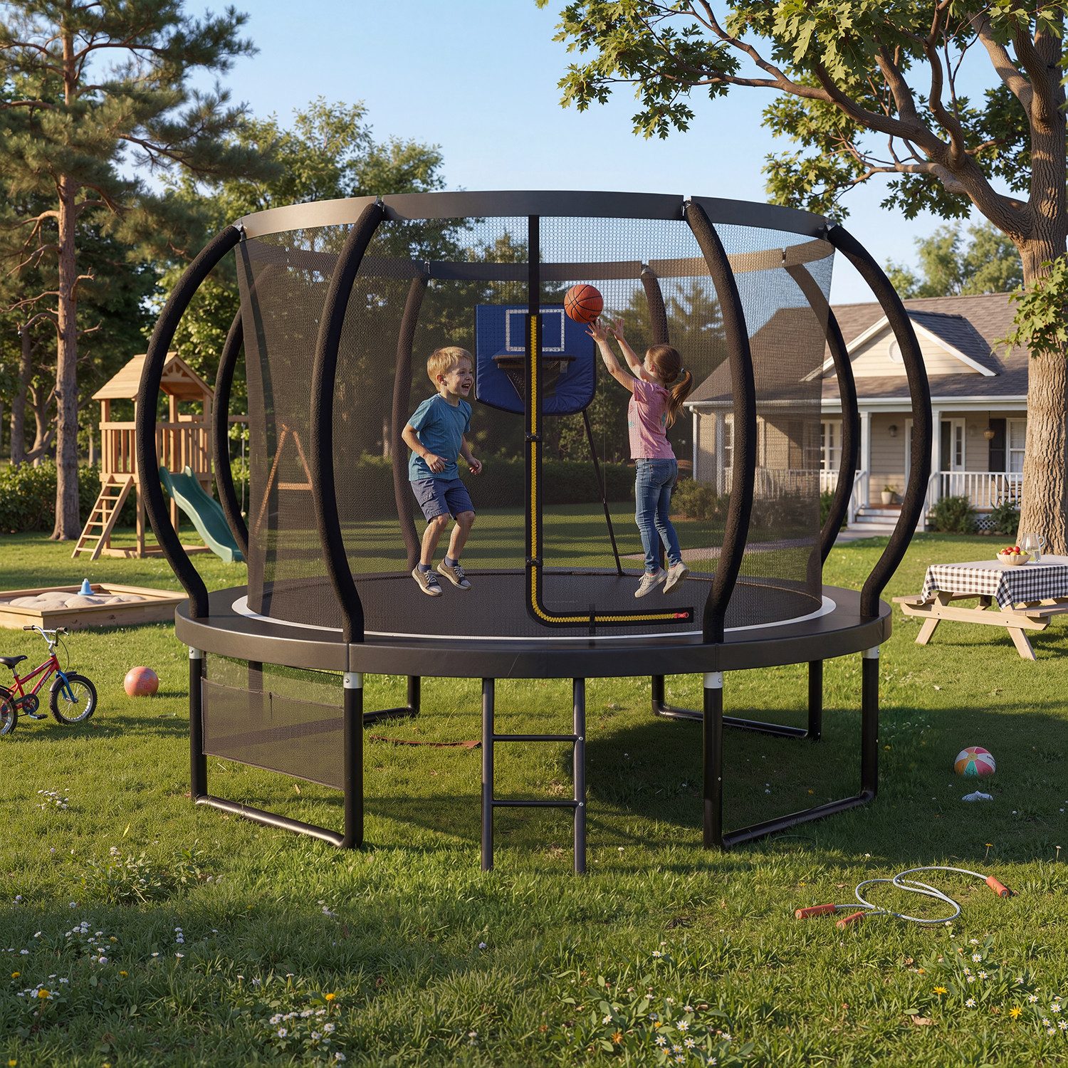 HOMALL Gartentrampolin Basketballkorb-Trampoline, Outdoor-Trampoline, Kindertrampoline, Ø 305 cm, (228/305/366/427 cm, komplett mit Basketball, Pumpe, Sicherheitsnetz, Leiter und 360°-Geländer, maximale Belastbarkeit 150 kg)
