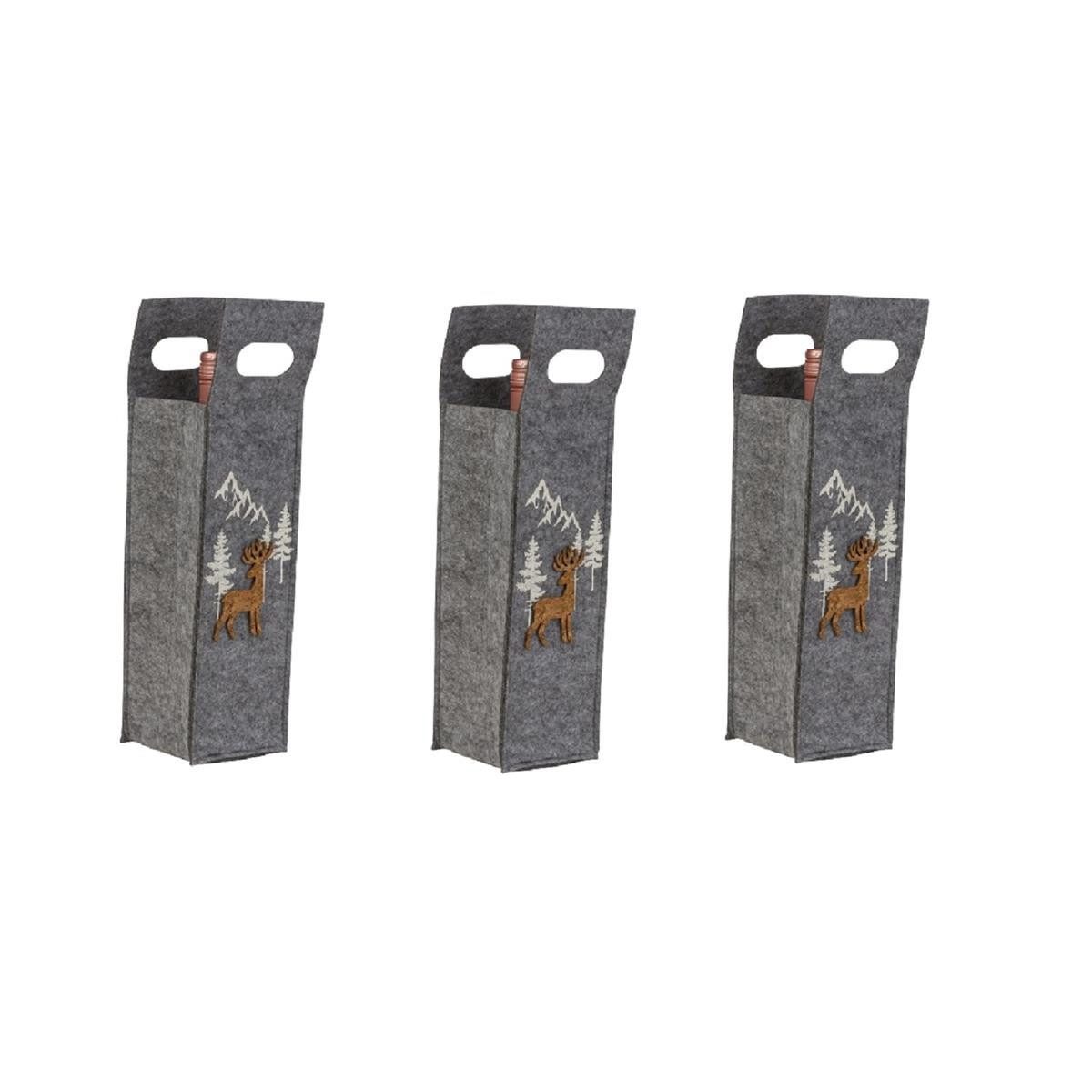 Geschenkestadl Flaschenträger 3 Filz - Flaschentaschen mit Hirschmotiv Kork, grau Flaschentüten (3-St)