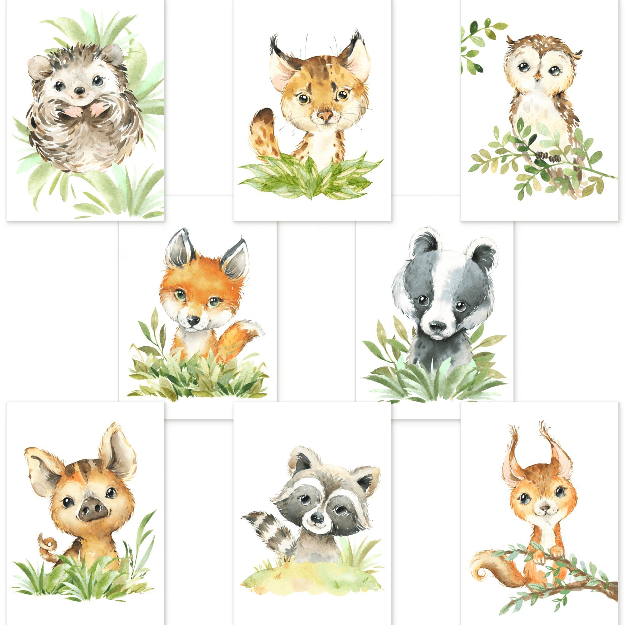 CreativeRobin Poster Schönes Kinderzimmer Tiere-Poster-Set, Tiere des Waldes