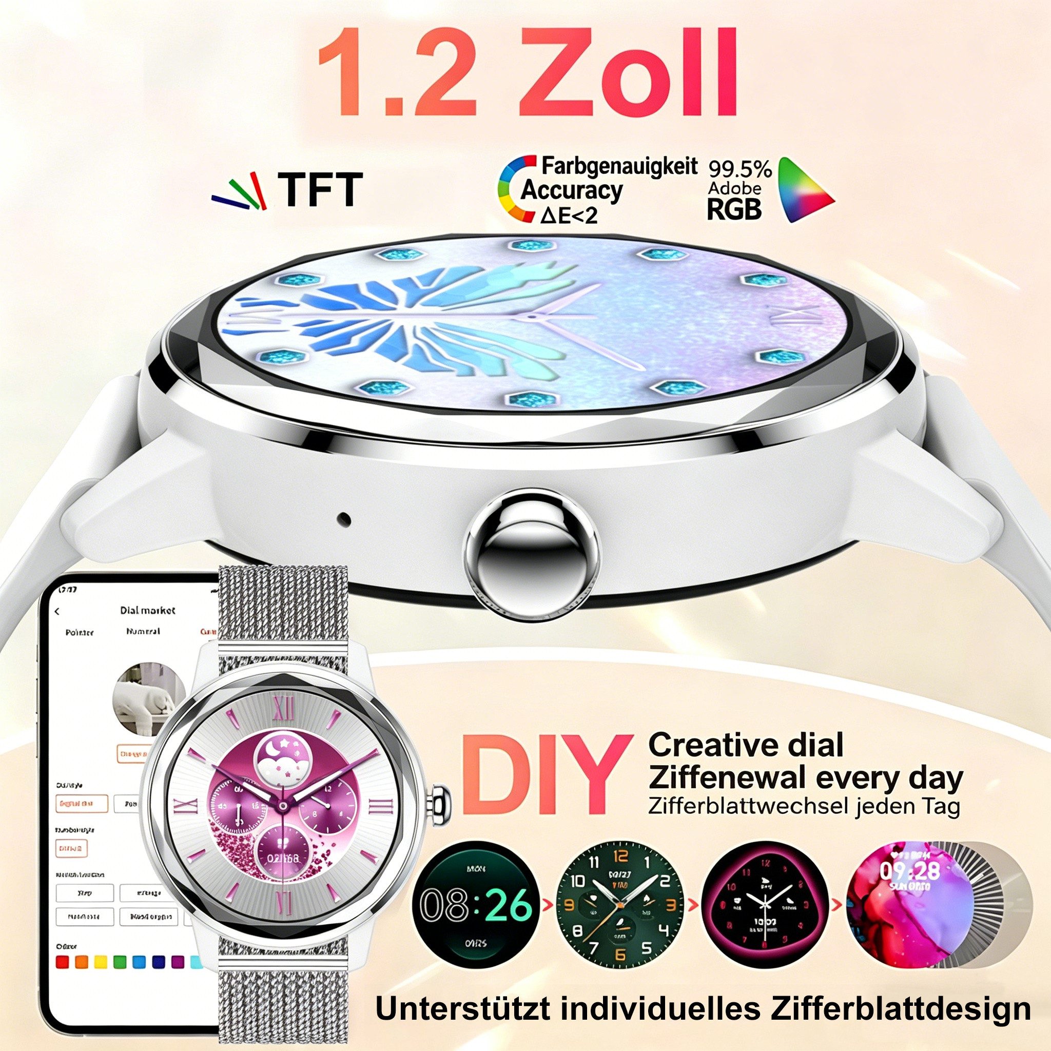 Vornix 2026 Neues Smartwatch Damen, Fitness Uhr mit Anruffunktion Smartwatch Smartwatch (Fitnessuhr mit Telefonfunktion/WhatsApp Notiz,Smartwatch Fitness Tracker Uhr IP68 Wasserdicht,1.2" HD Voll Touchscreen Fitnessuhr Tracker mit Blutsauerstoff/Pulsmesser/Sportuhr/Schrittzähler/Schlafmonitor Aktivitätstracker usw für iOS/Android Uhren Watch cm)