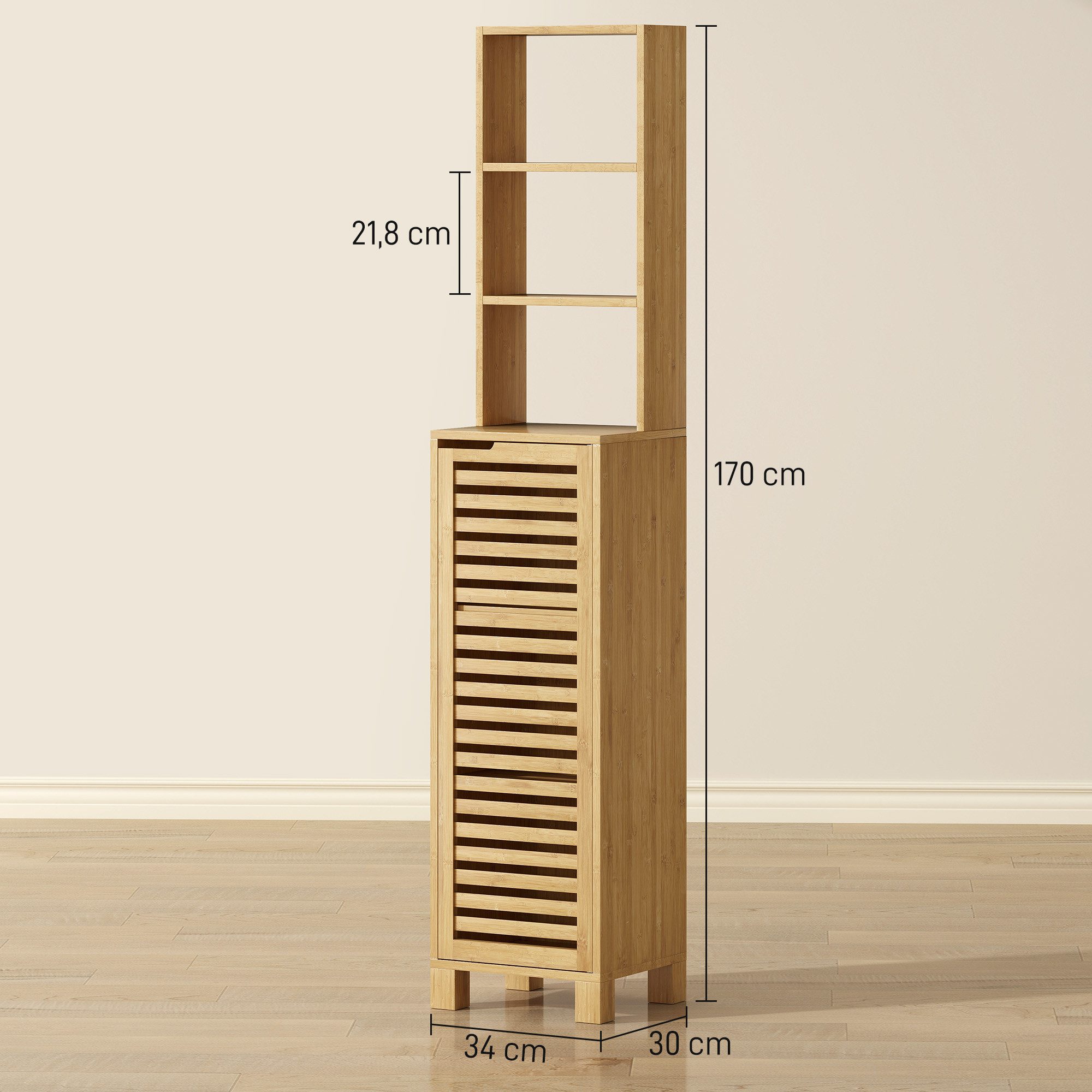 HOMCOM Badkommode mit 3 offenen Regalen, verstellbaren Regalen, Lamellentür (Badezimmerschrank aus Bambus, 1 St., Badschrank), für Badezimmer, Wohnzimmer 34 x 30 x 170 cm, Natur