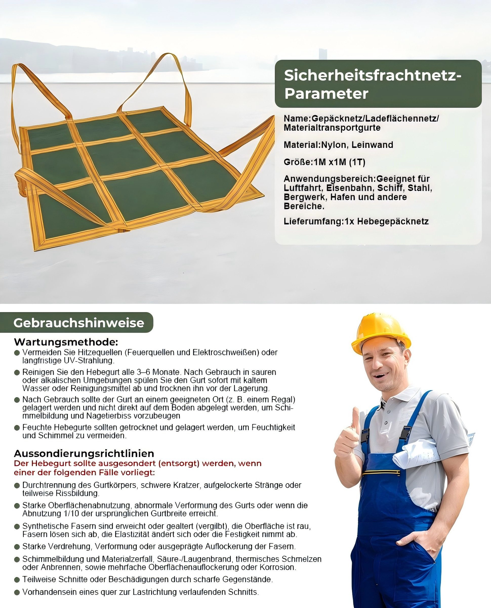 PRIISF Kettenzug Hebenetz Frachtnetz 1x1 m Ladung Hängendes Lastennetz Transportnetz 1t, (Hebe-Hebenetz Hebeschlingennetz Hohe Tragfähigkeit aus Nylon und Leinwand, Universelles Ziegelnetztasche Lastenhebnnetz Starke Tragfähigkeit), für Industrie Handwerk Baustoffe Ware Lieferung Entladung Gabelstapler