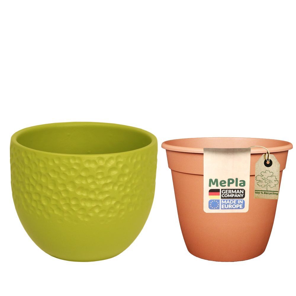 Heimwerkercenter Übertopf MePla - Set - Übertopf 536 Dots ø12 - Grün-matt + Pflanztopf ø10