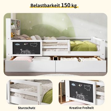 REDOM Kinderbett Jugendbett (Robuste Kiefernholzkonstruktion, Umweltfreundliches Materia), mit Schubladen und Tafel, ohne Matratze, weiß, 90*200