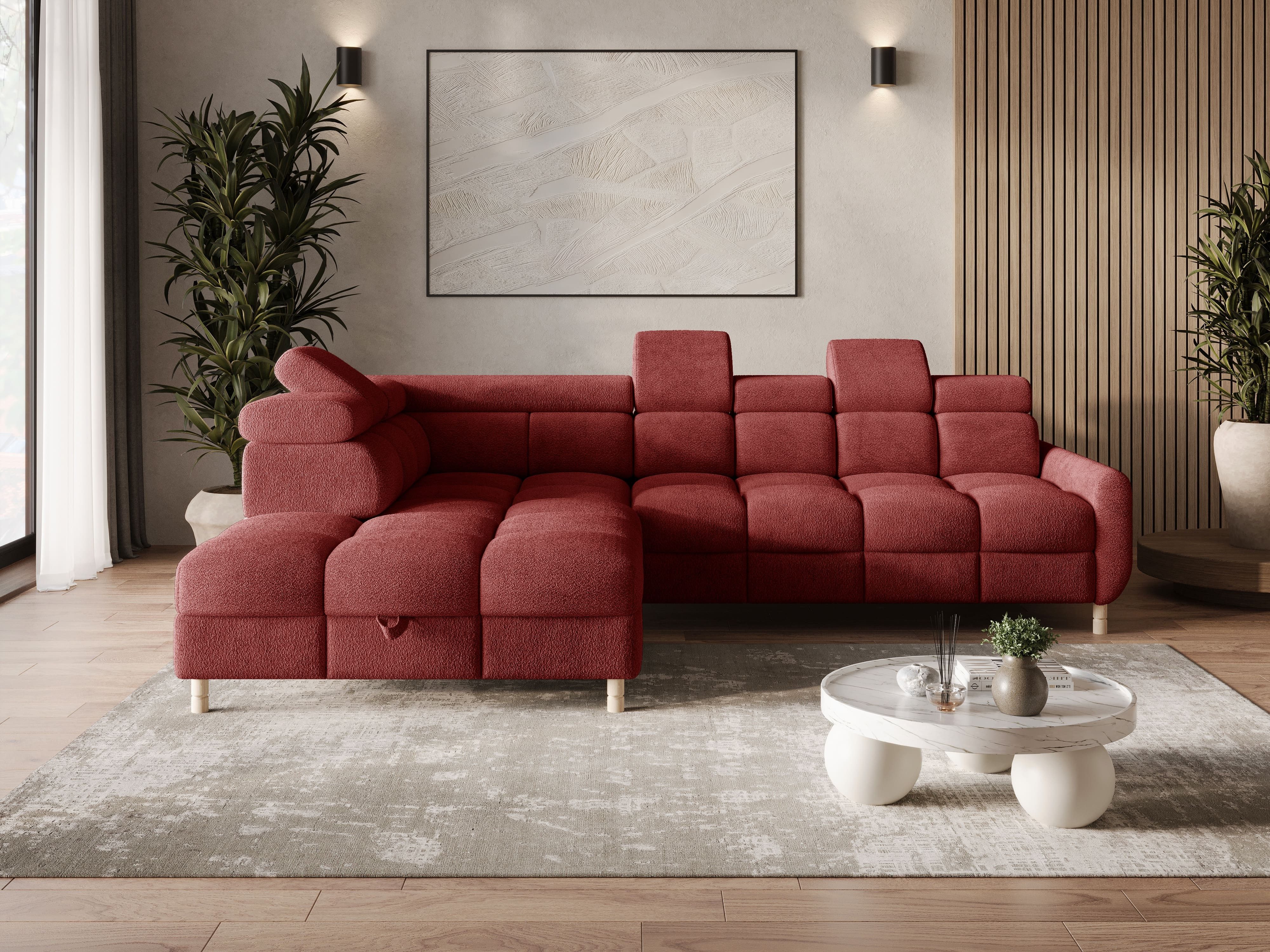 MOEBLO Ecksofa BUN aus Bouclé, mit Schlaffunktion, Bettkasten und verstellbaren Kopfstützen – modernes Polsterecksofa für Wohnzimmer, Eckcouch Wohnlandschaft Sofa mit Ottomane Eckgarnitur Polsterecke, (BxHxT): 276 x 78 x 209 cm