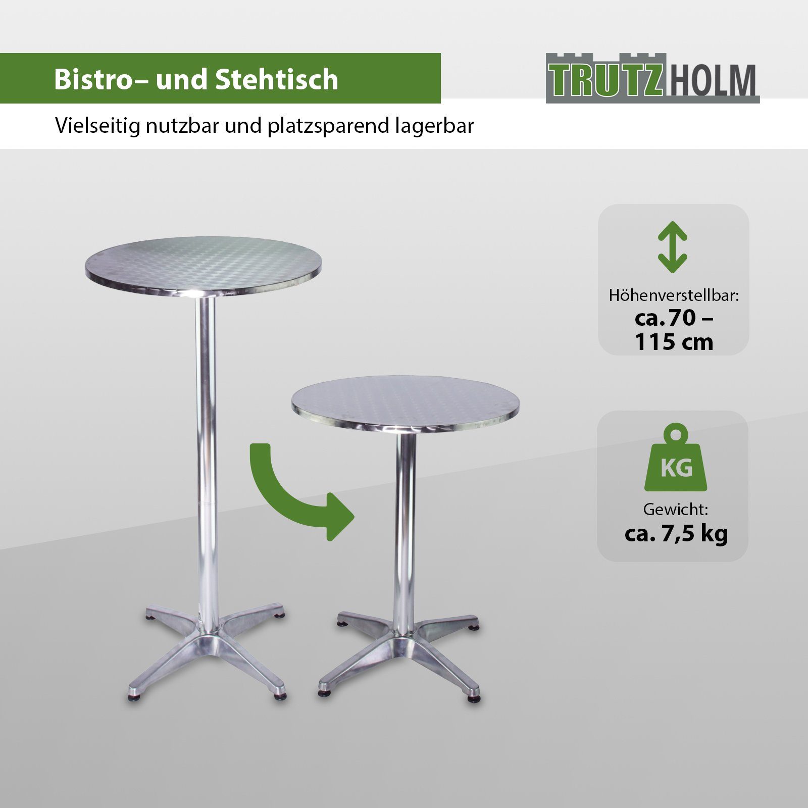 TRUTZHOLM Bistrotisch Stehtisch 2in1 höhenverstellbar 70/115cm Ø60cm Alumin günstig online kaufen