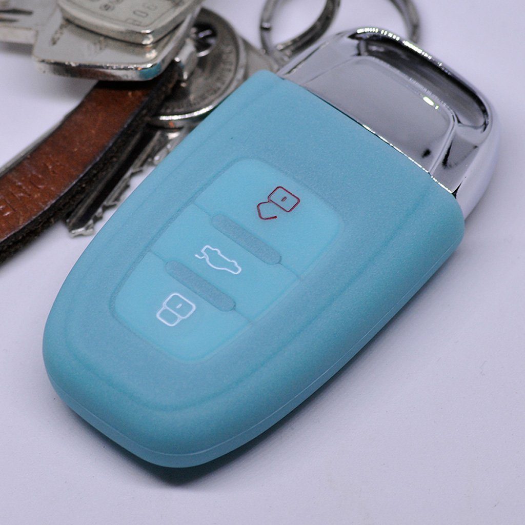 mt-key Schlüsseltasche Autoschlüssel Softcase Silikon Schutzhülle fluoreszierend Blau, für Audi A5 S5 A4 S4 Q3 Q5 A6 S6 R8 TT 3 Tasten KEYLESS SMARTKEY