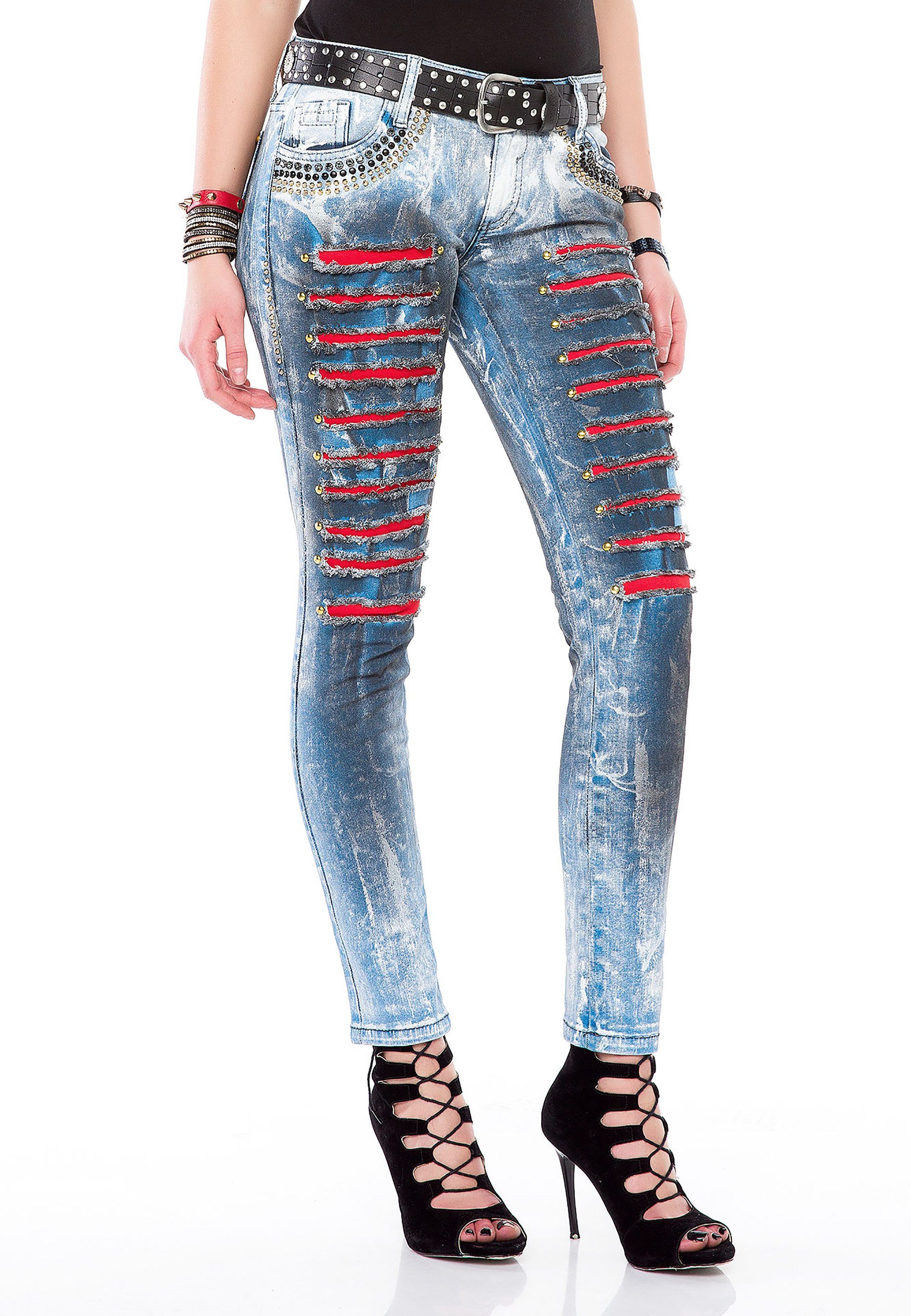 Damen Jeans Cipo & Baxx Röhrenjeans mit Edelsteintaschen in Skinny Fit