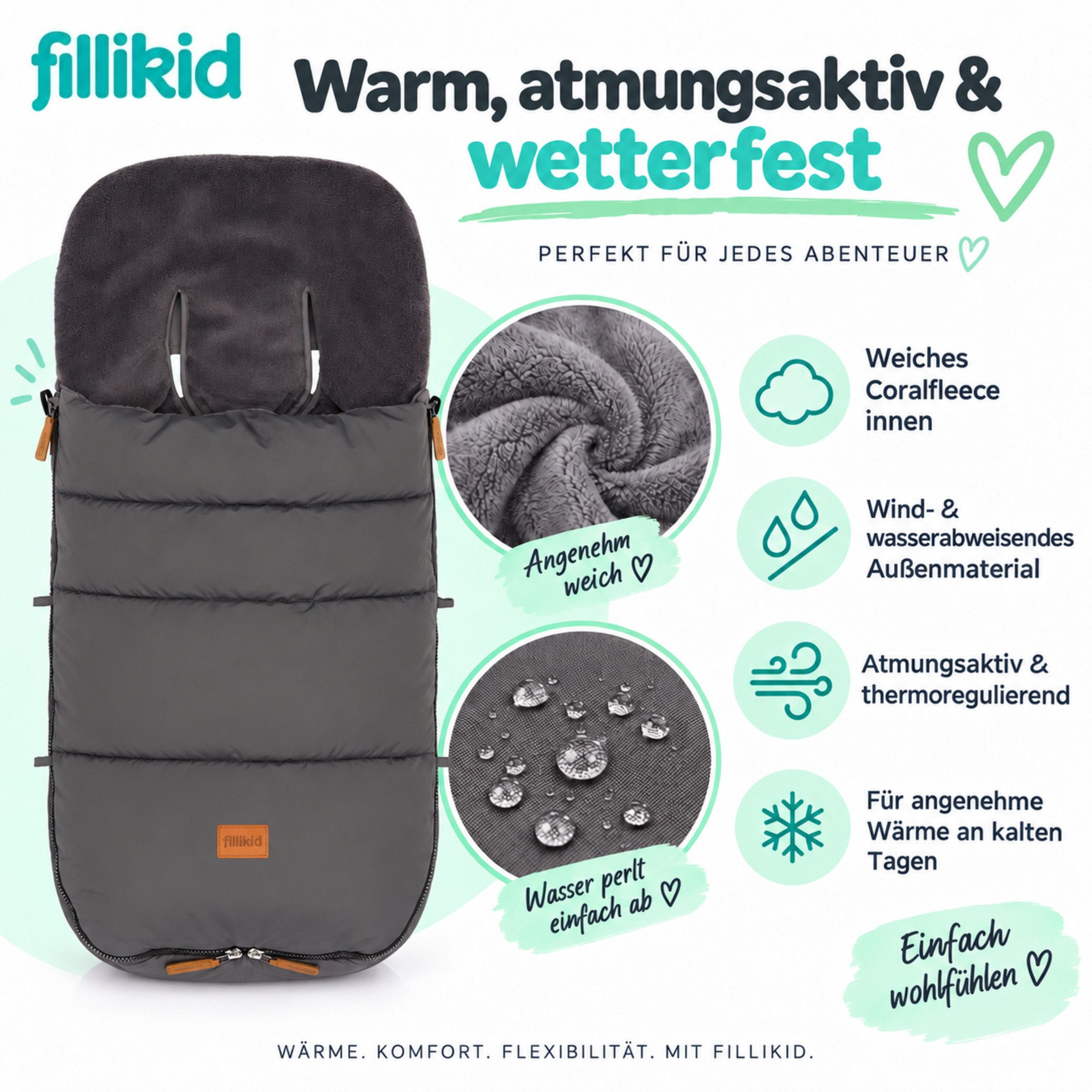 Fillikid Fußsack Winterfußsack Kinley Exklusiv, warmer Winterfußsack waschbar mit Rundum Reißverschluss und – Bild 5 von 5