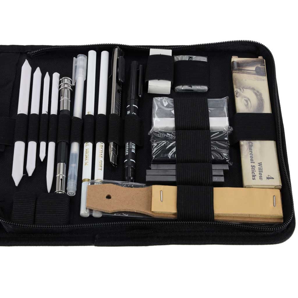 Ikonka Skizzenblock Zeichen- & Skizzierset 54-teilig Bleistiften, Kohle, Zubehör & Buch, Komplettes Set für Skizzieren, Zeichnen und Schattieren Mobil nutzbar