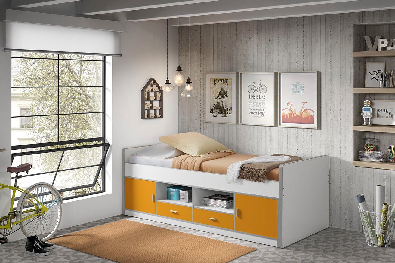 Vipack Einzelbett Bonny, mit Komfort Liegehöhe, Stauraum unter dem Bett, Liegefläche 90x200 cm Weiß/Orange