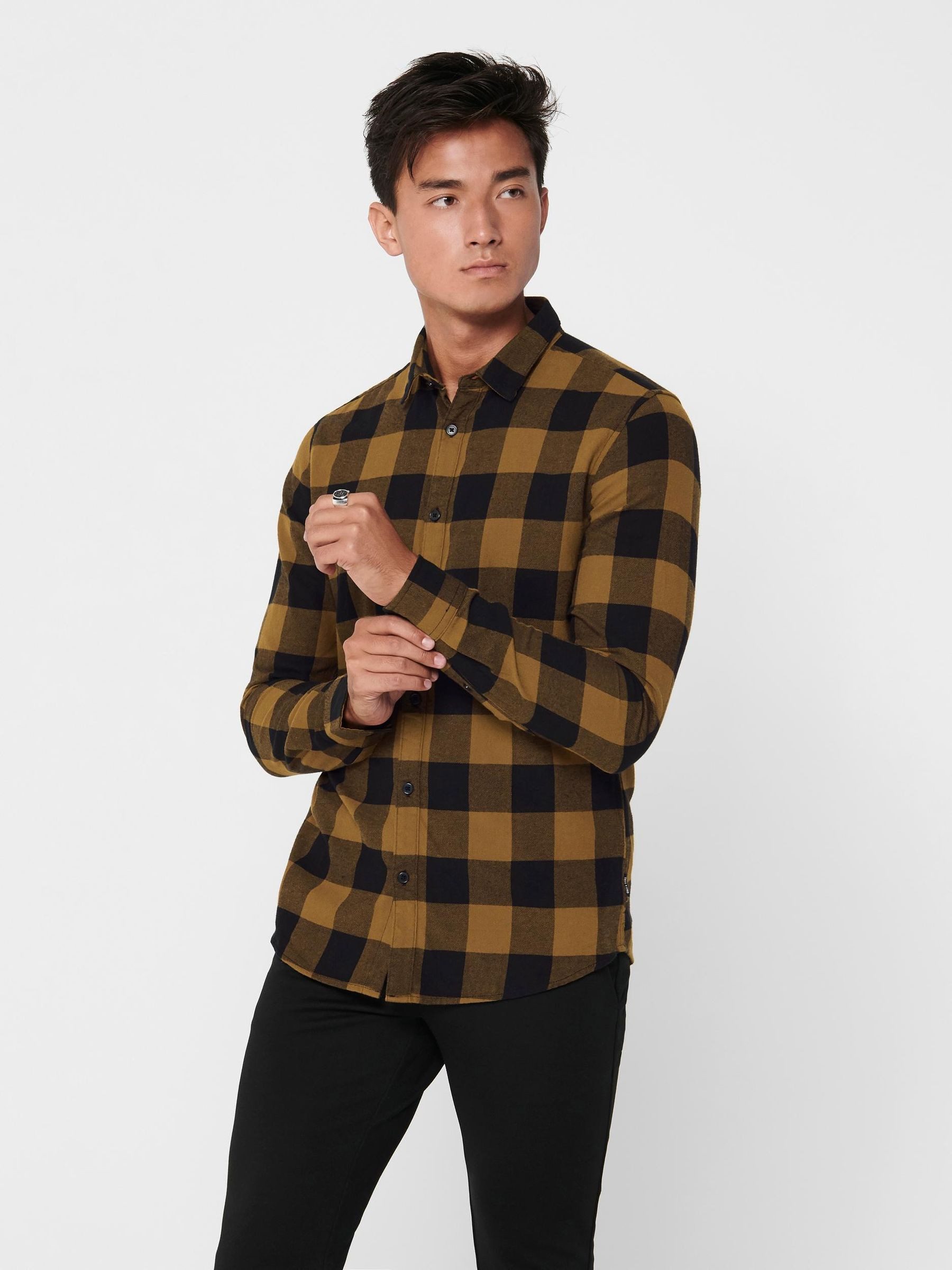 ONLY & SONS Langarmhemd fürFreizeit Karohemd Holzfäller Kariertes Flanellhemd (1-tlg) Baumwolle Slim Fit Kentkragen kariert wärmend Knöpfe