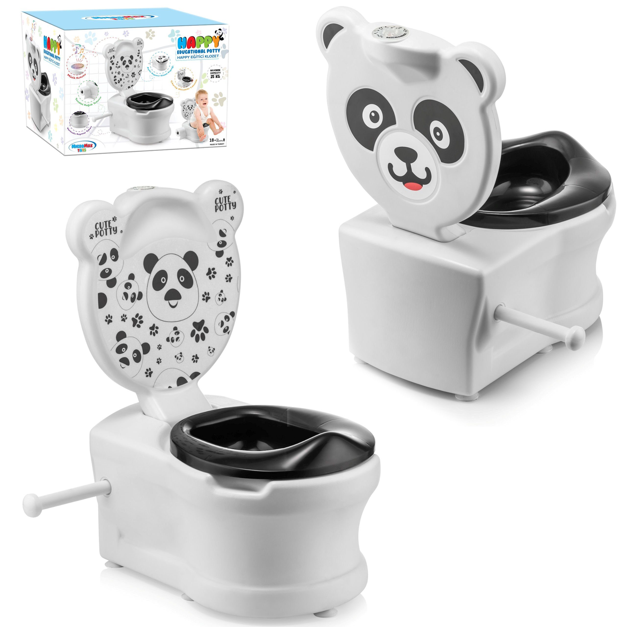 COIL Toilettentrainer Töpfchen, Toilettensitz in Minigröße, Toilette fürs Training, Panda, (Geschlossenes Töpfchen: 38x38x27cm, Offenes Töpfchen: 38x38x49cm), Spülgeräusch, Papierhalter, herausnehmbarer Einsatz