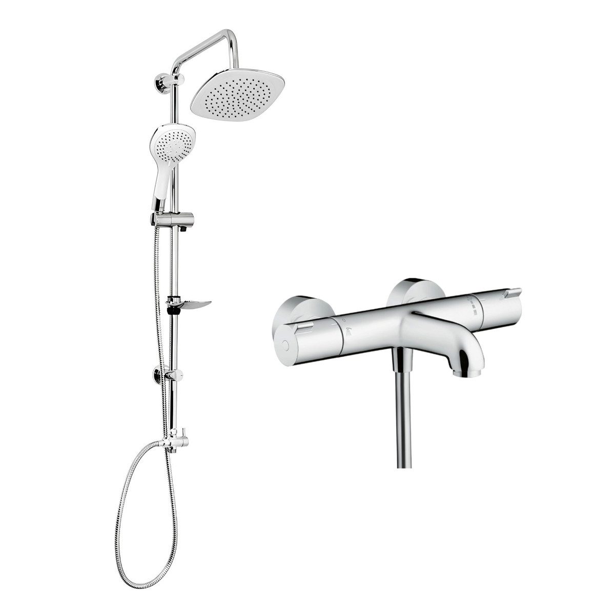 hansgrohe Wannenarmatur Ecostat 1001 CL mit Handbrause oder Regendusche, Sicherheitssperre 40° (Spar-Set) Wannenthermostat mit Eco-Funktion in Modern-Design, Wandmontage, chrom