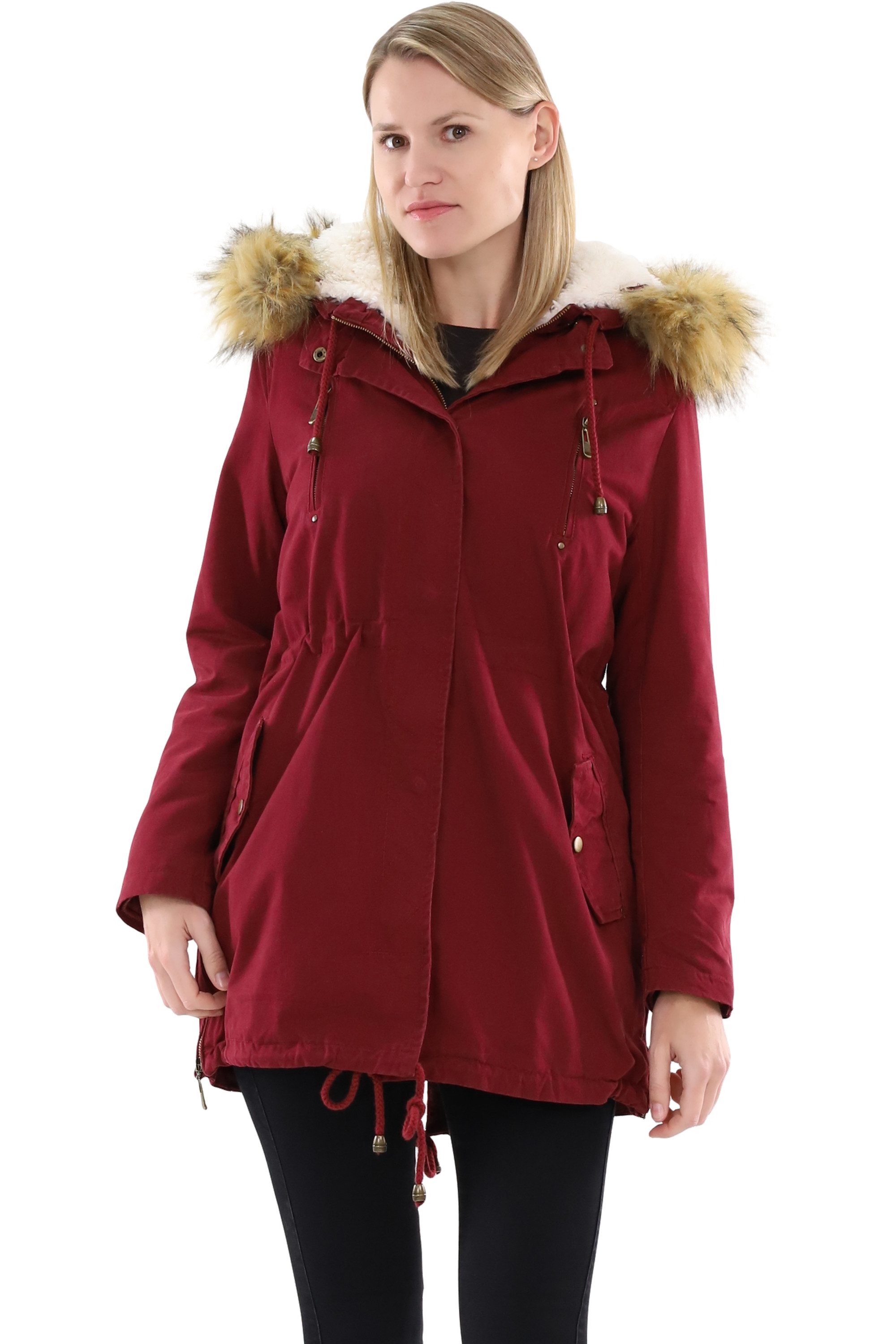 malito more than fashion Parka Damen Parka mit Kapuze, Winterjacke mit Kunstfell, gefütterter Mante gefütterte Winterjacke mit Teddyfell und Kunstfell Kapuze