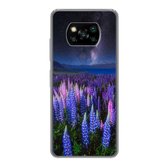 MuchoWow Handyhülle Blumen - Nacht - Lupine - Sternenhimmel - Lila - Natur Phone Case Handyhülle Poco X3 Silikon Schutzhülle