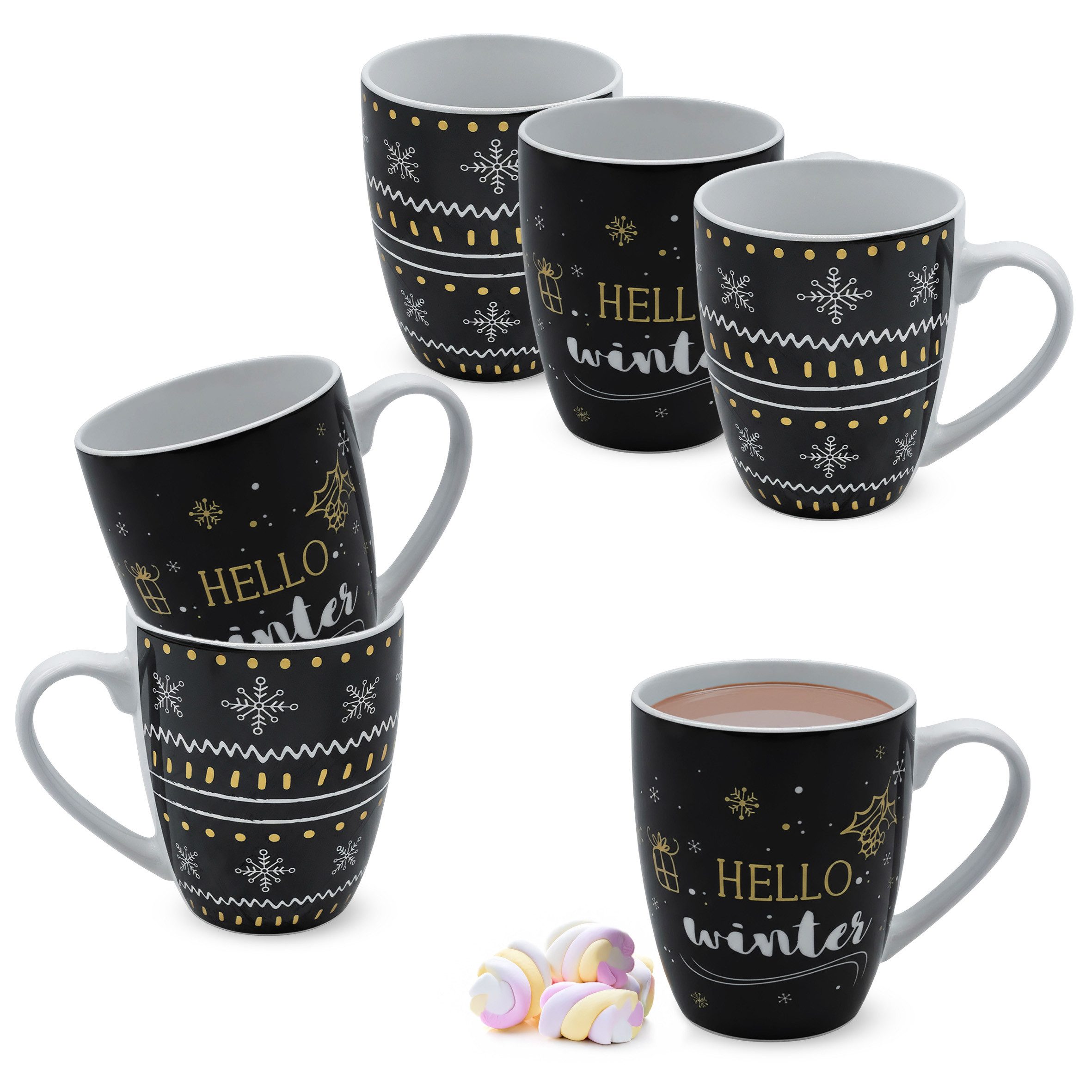 Spetebo Tasse Feinkeramik Kaffeetasse 300 ml mit Wintermotiv - 6er Set, 1-tlg., Porzellan, leicht zu reinigen