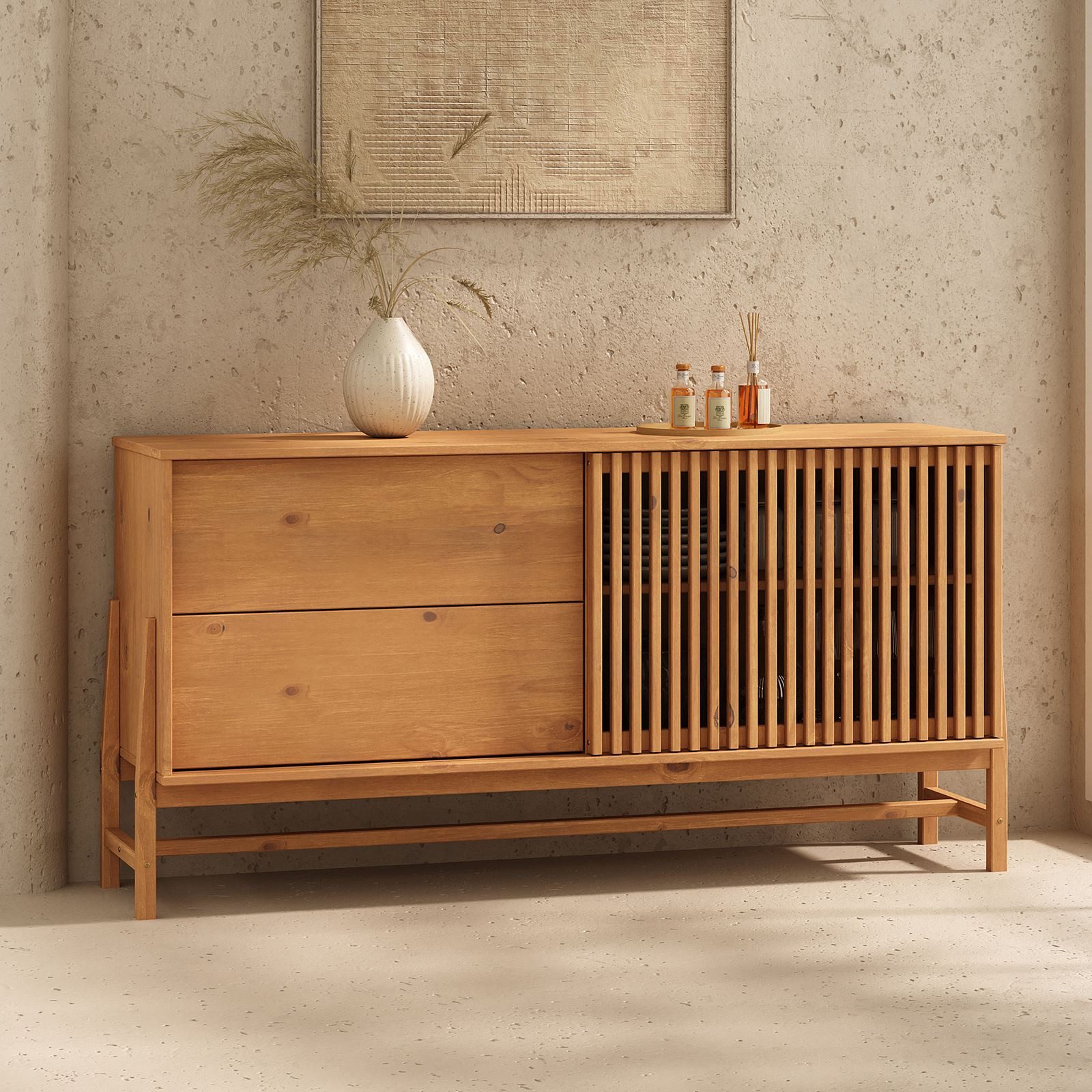 IDIMEX Sideboard ADAMO, Kommode 145 cm aus Massivholz mit Lamellen-Schiebetür Eiche Finish