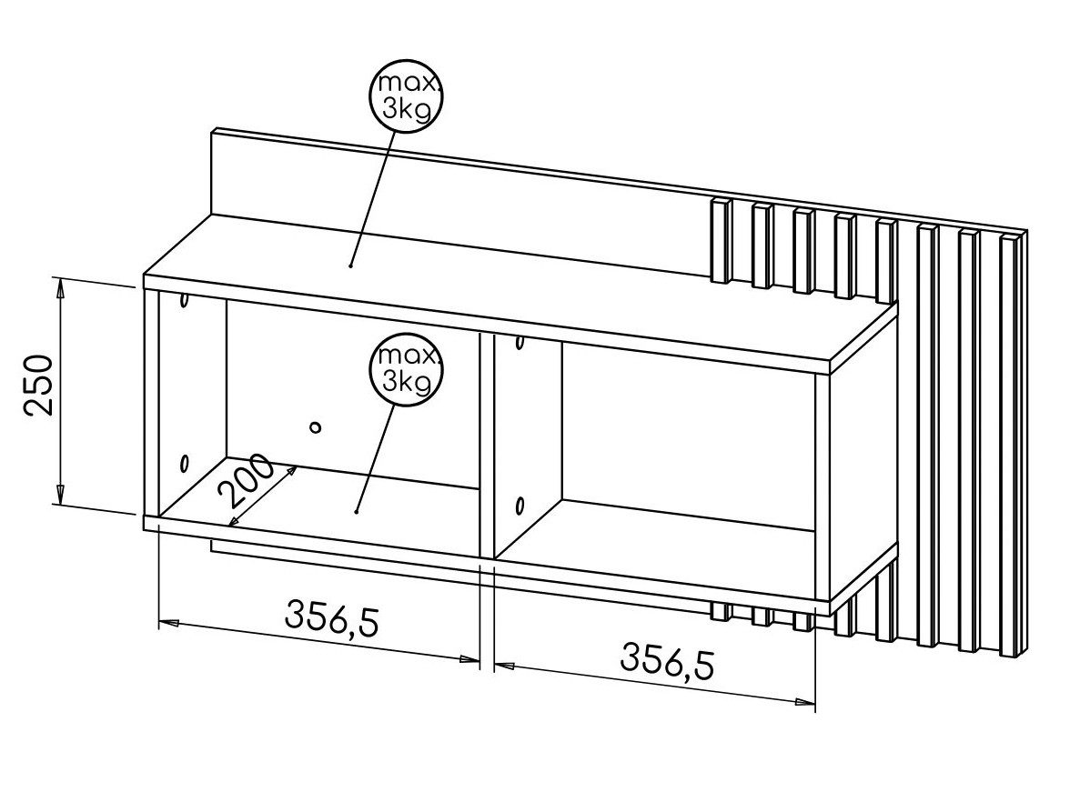 Beautysofa Wandregal Lamelo mit 2 offenen Fächern, Lamellenoptik, Eiche Wotan/Schwarz, modernes Loft-Design – Bild 4 von 5