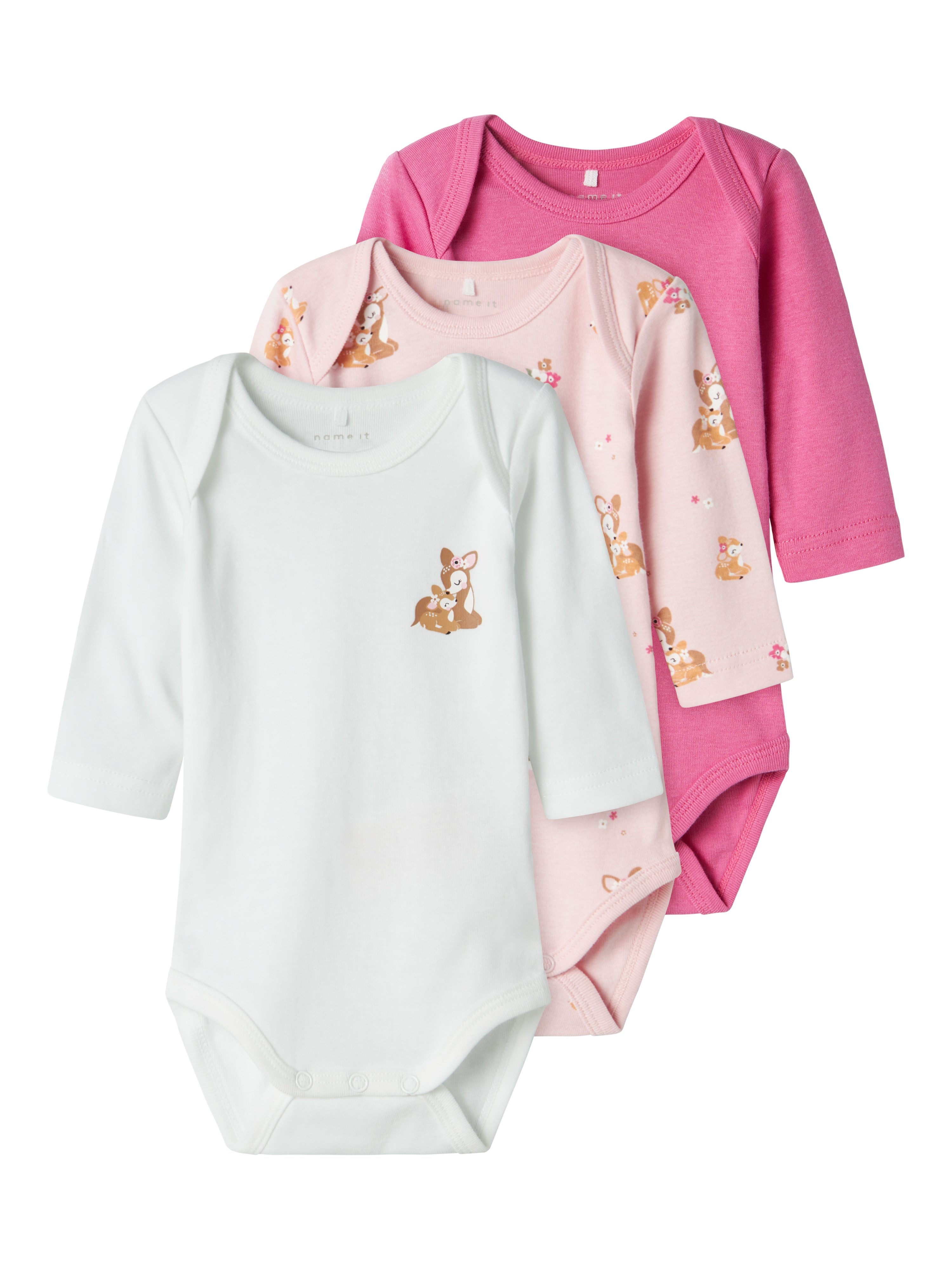 Name It Langarmbody NBFBODY 3P LS IBIS ROSE DEER NOOS (Packung, 3-tlg)