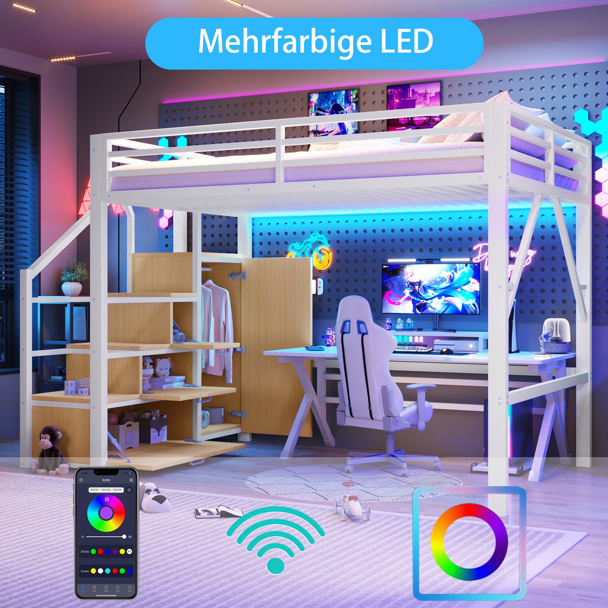 Merax Hochbett 140x200cm mit LED-Beleuchtung inkl. App-Steuerung (Jugendbett Einzelbett, 1-St) Metallbett Kinderbet mit Kleiderschrank Treppe Regalfächern Staur – Bild 5 von 5