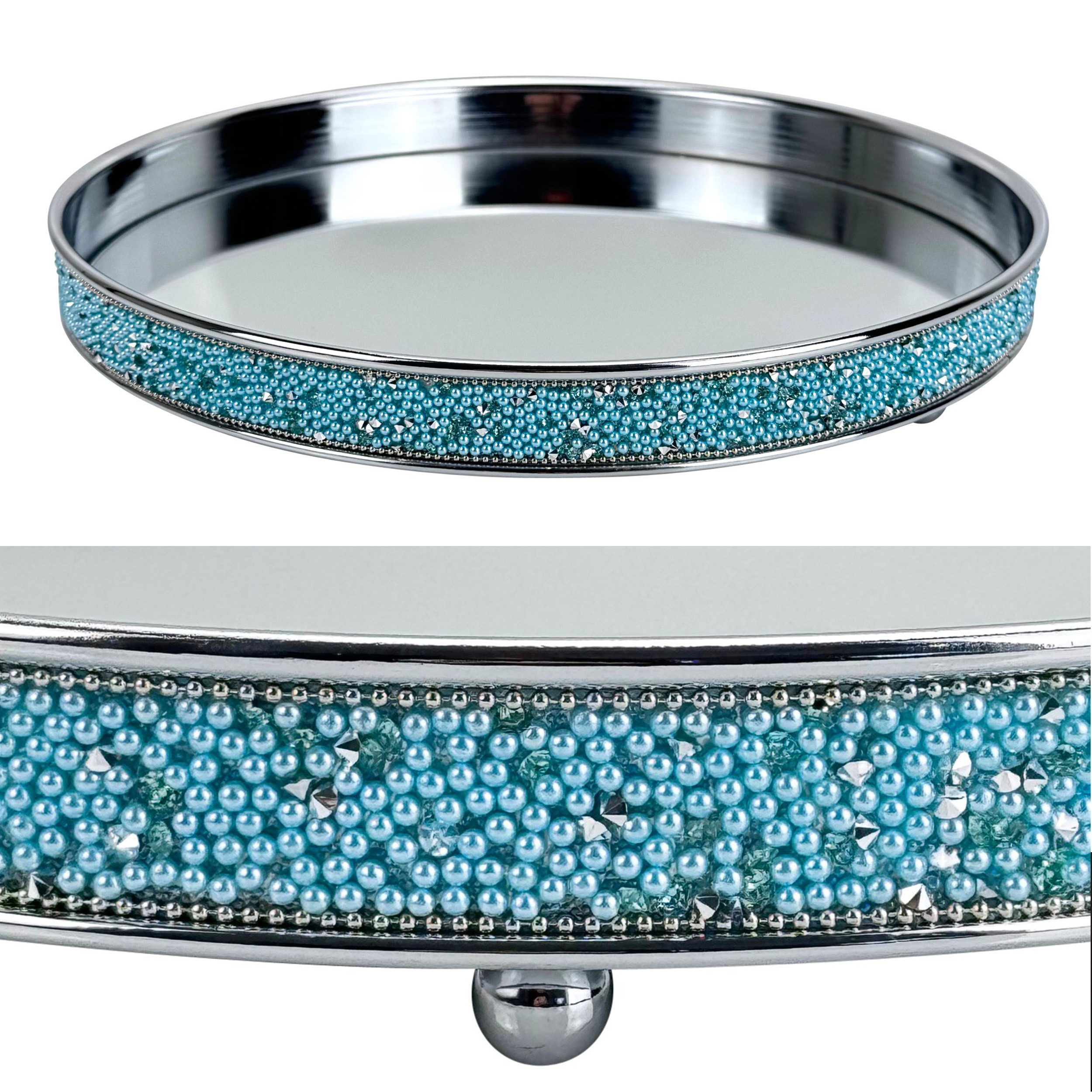 Online-Fuchs Dekotablett - Spiegeltablett aus Metall in Silber, Türkis mit Fuß - rund (Dekoschale, zur Präsentation von Vasen, Kerzen, Schmuck etc), mit türkisen Glitzerperlen und Glassteinen bestückt