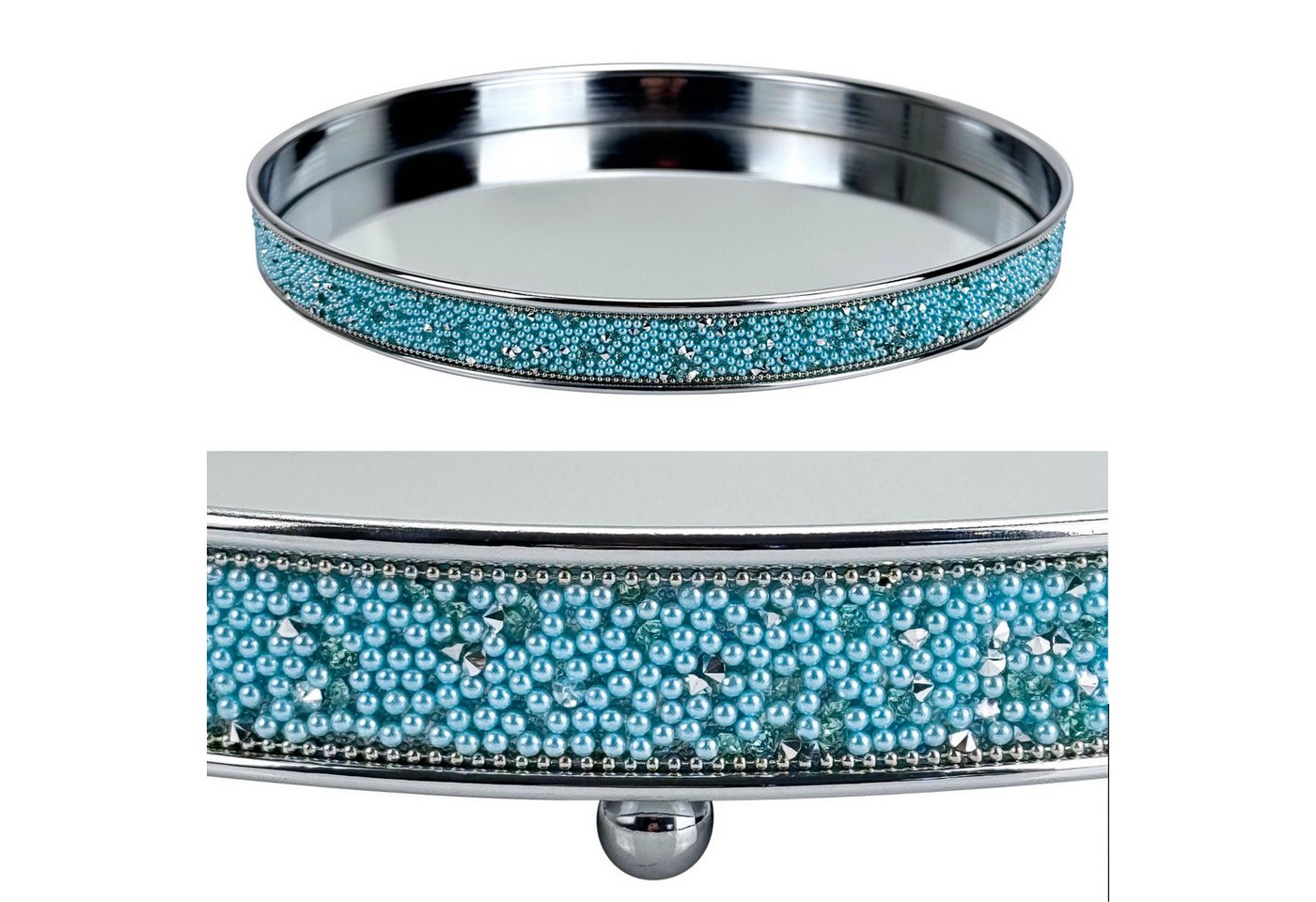 Online-Fuchs Dekotablett - Spiegeltablett aus Metall in Silber, Türkis mit Fuß - rund (Dekoschale, zur Präsentation von Vasen, Kerzen, Schmuck etc), mit türkisen Glitzerperlen und Glassteinen bestückt