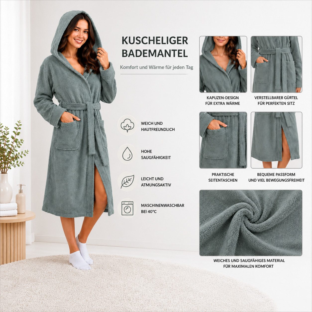 VelunaHome Bademantel Premium Bademantel mit Kapuze - Damen & Herren - 100% Baumwolle - Grau