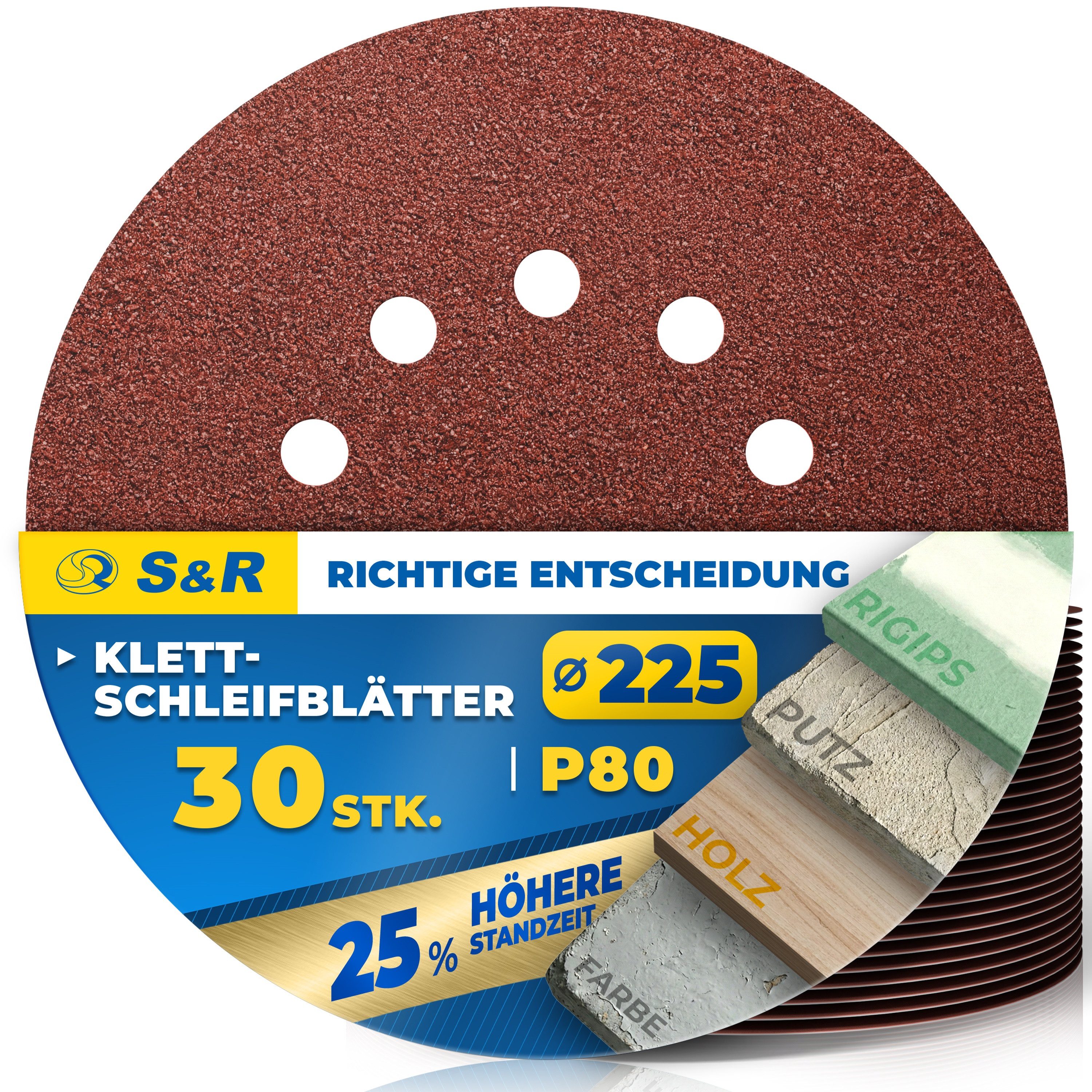 S&R Schleifpapier S&R Schleifpapier 225mm Klett P80, 10 Loch, Schleifgiraffe, 30-tlg, (Set, 10 St), für Exzenterschleifer & Langhalsschleifer für Wand, Decke, Gipskarton