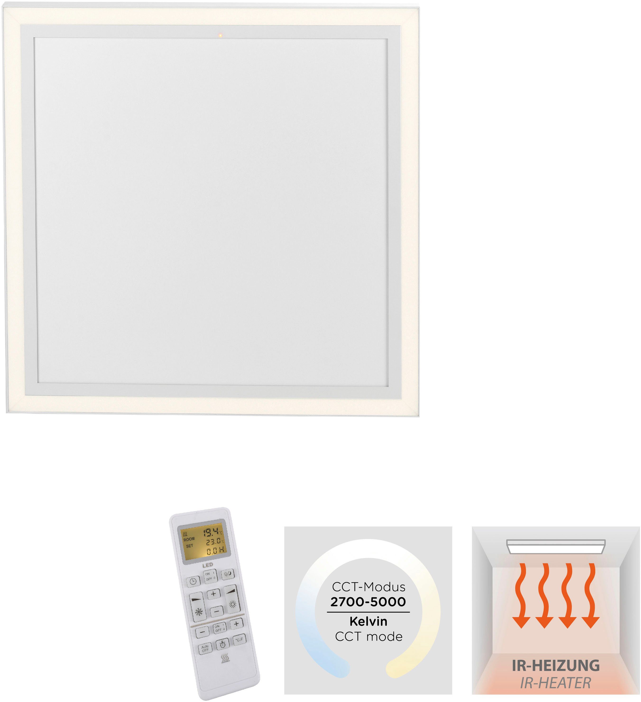 JUST LIGHT Deckenleuchte BEROA, CCT - über Fernbedienung, Memoryfunktion, dimmbar über Fernbedienung, LED fest integriert, warmweiß - kaltweiß, Deckenpanel mit IR-Heizung 450W, Funk Fernbed., Funkthermostat