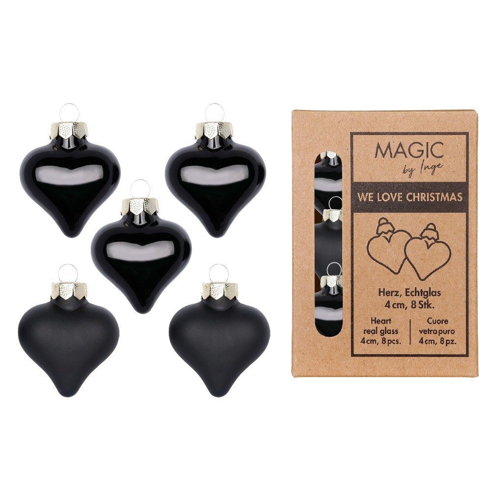 MAGIC by Inge Christbaumschmuck, Christbaumschmuck Herzen 4cm Glas 8 Stück - Ebony Black
