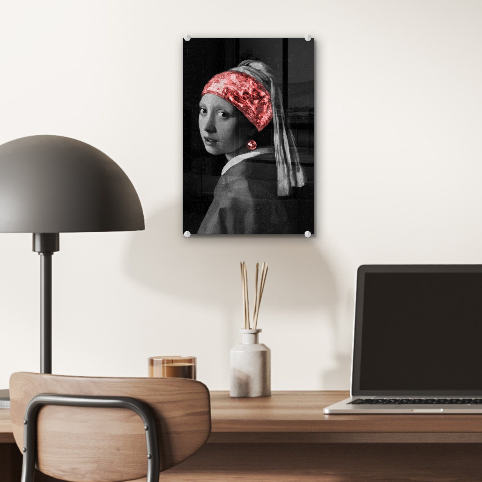 (1 Glas - Rot, Glasbilder Foto Mädchen - Bilder Wanddekoration - Acrylglasbild Perlenohrring dem MuchoWow St), mit Wandbild - Das auf Glas Vermeer Johannes auf -
