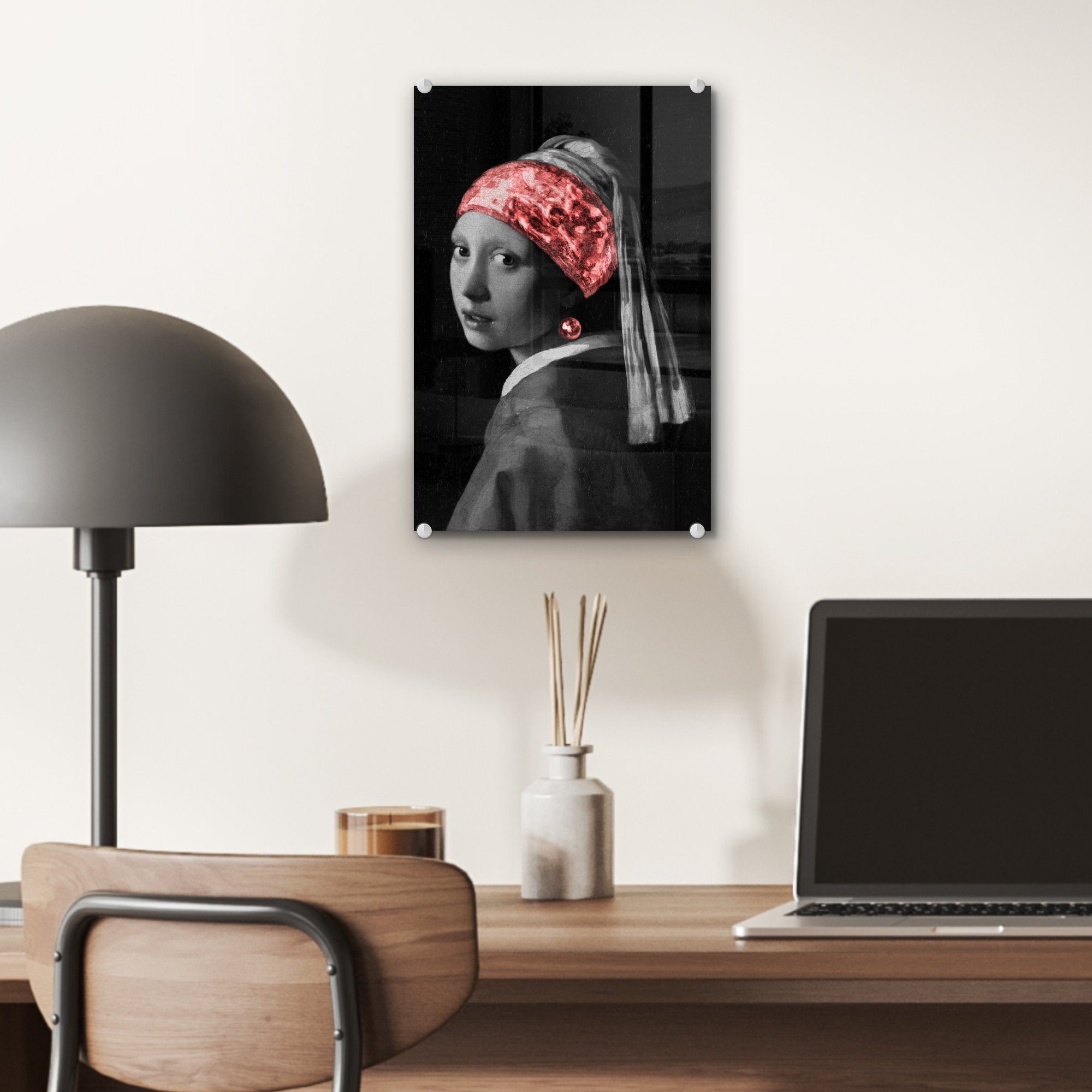 Das Glasbilder - Rot, - auf dem Wanddekoration auf MuchoWow Mädchen - Glas Acrylglasbild Perlenohrring - Wandbild Johannes Bilder Vermeer mit Foto (1 - Glas St),