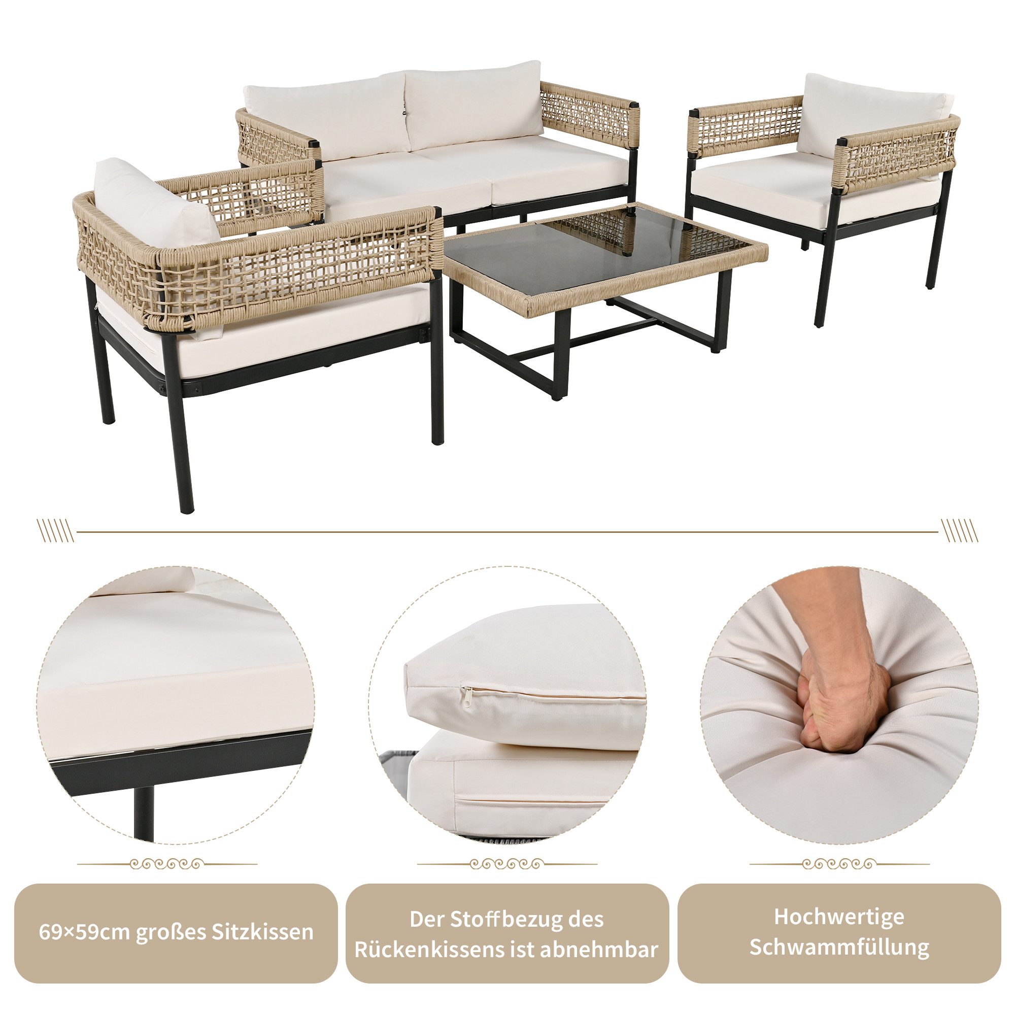 i@home Gartenlounge-Set, (4-tlg., inklusive aller Sitz- und Rückenkissen), Gartenmöbel-Set aus beiges Seil,inklusive aller Sitz- und Rückenkissen
