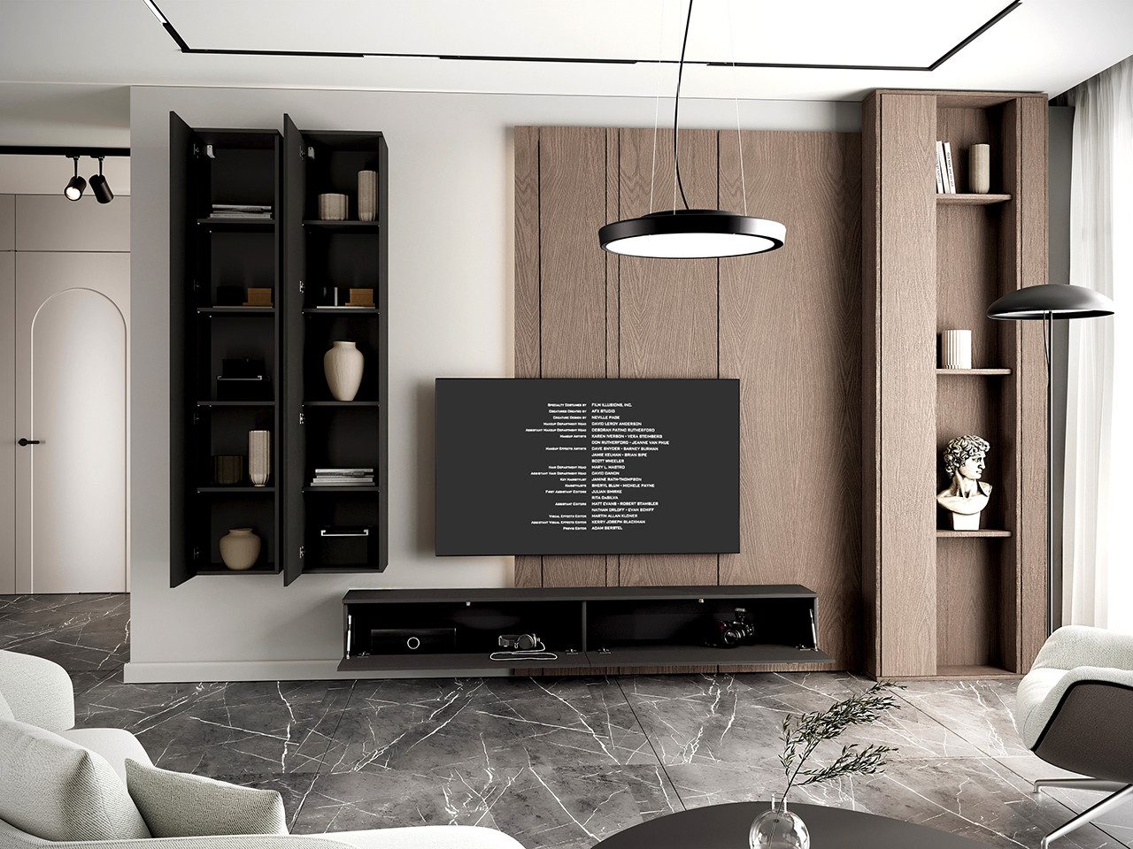 MOEBLINE Wohnwand Medienwand FIVO 4 Schwarz 3tlg. Hängeschränke TV Lowboard