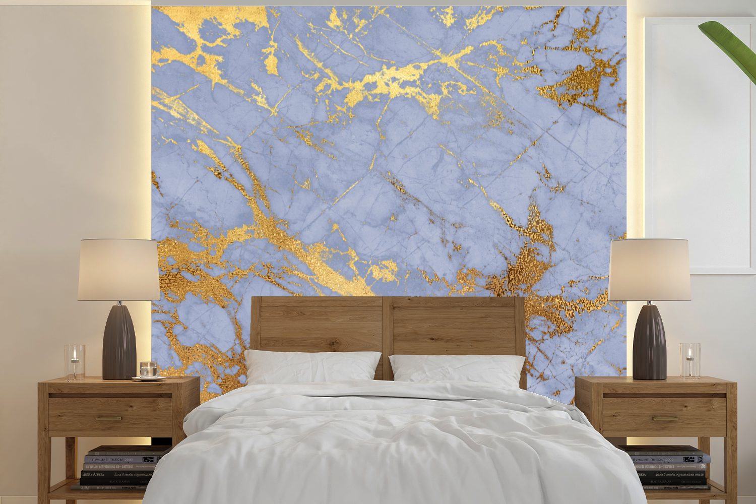 MuchoWow Blau Fototapete Matt, Schlafzimmer, Tapete - Wandtapete bedruckt, Muster Wohnzimmer - (5 St), Vinyl - Marmor Gold, oder für