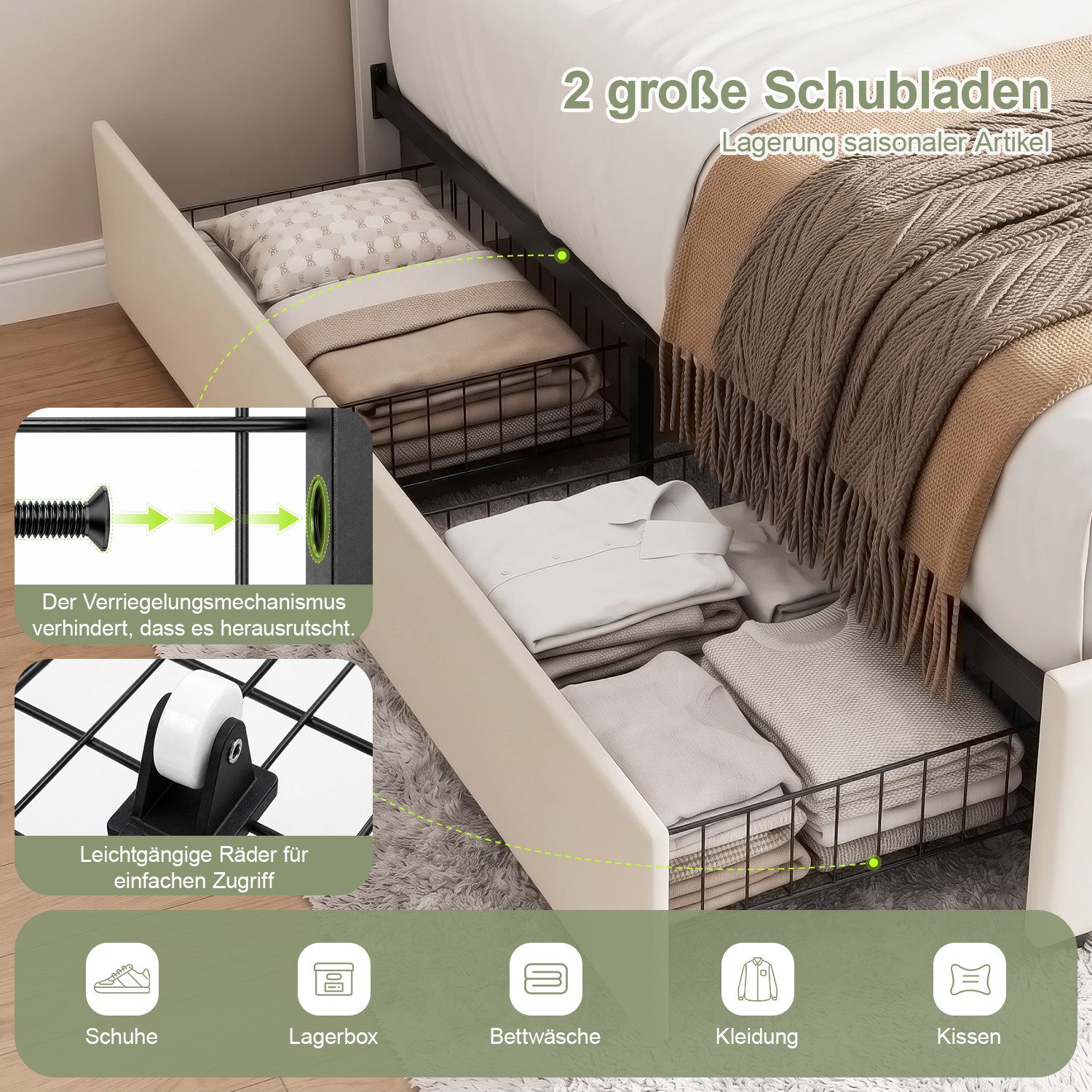 oyajia Polsterbett Kinderbett Stauraumbett, Ladestation & LED-Beleuchtung,PU-Kunstleder (Kopfteil hochstellbar, 4 Schubladen), Modernes Jugendbett, Leises Desig – Bild 4 von 5