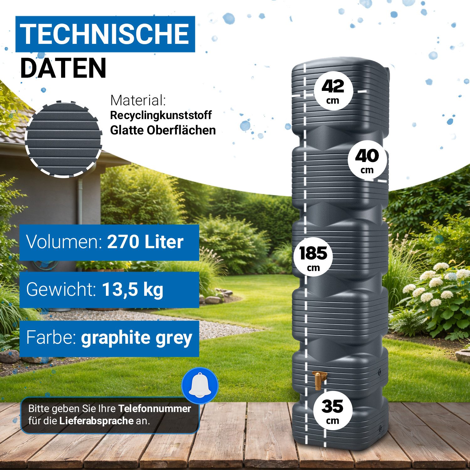 4rain Regentonne QUADRO Wandtank 270 Liter graphite grey, 270 l – Bild 3 von 5