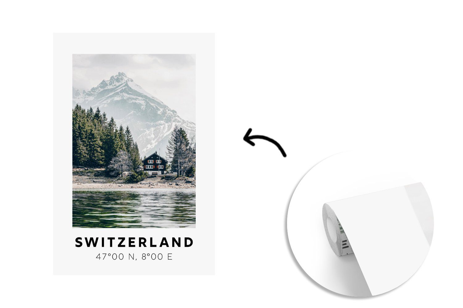 MuchoWow Fototapete Schweiz bedruckt, - (3 St), - Wohnzimmer, Montagefertig Matt, Haus für Wandtapete See, Tapete Vinyl